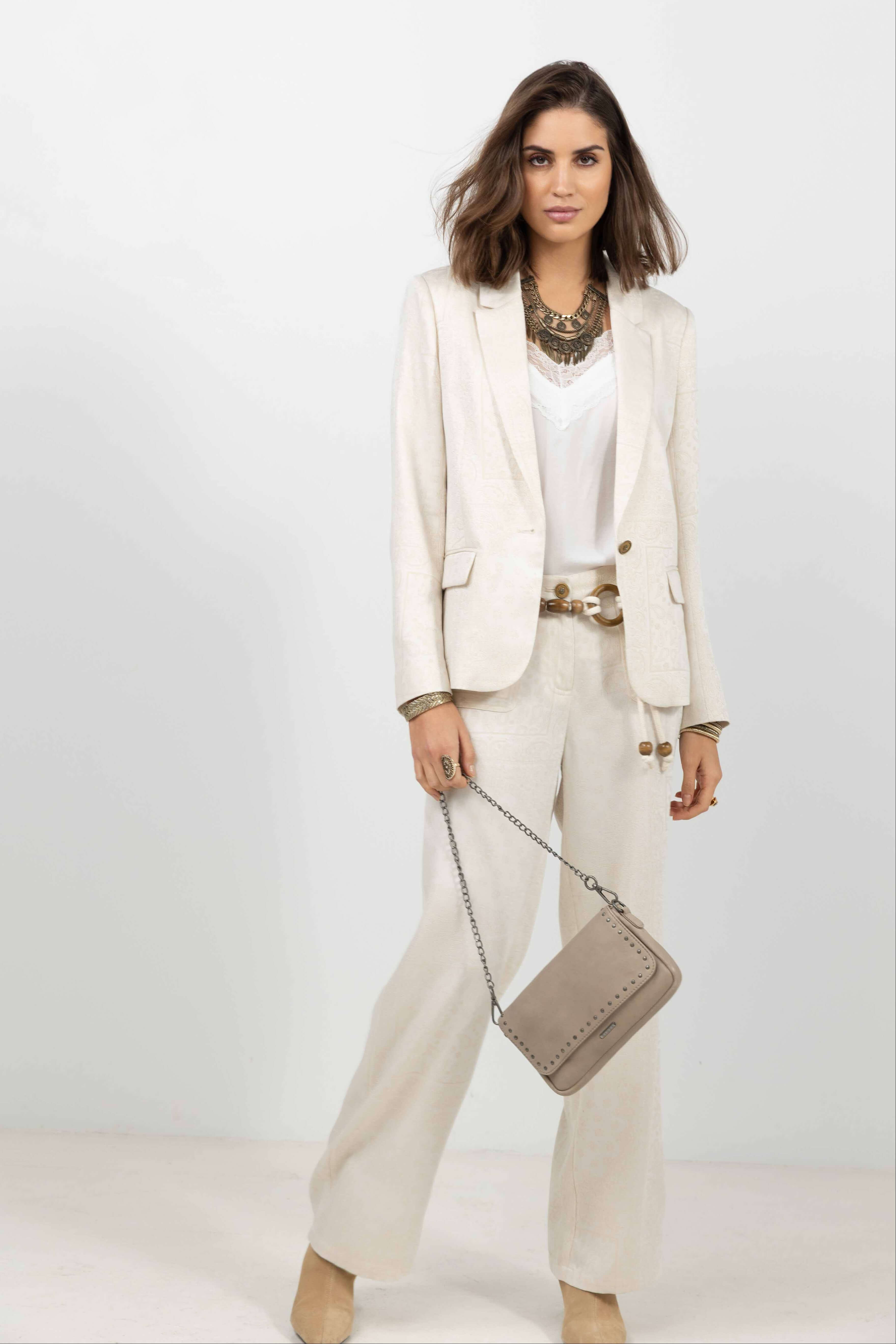 Pantalon beige large jacquard bohème | Elora