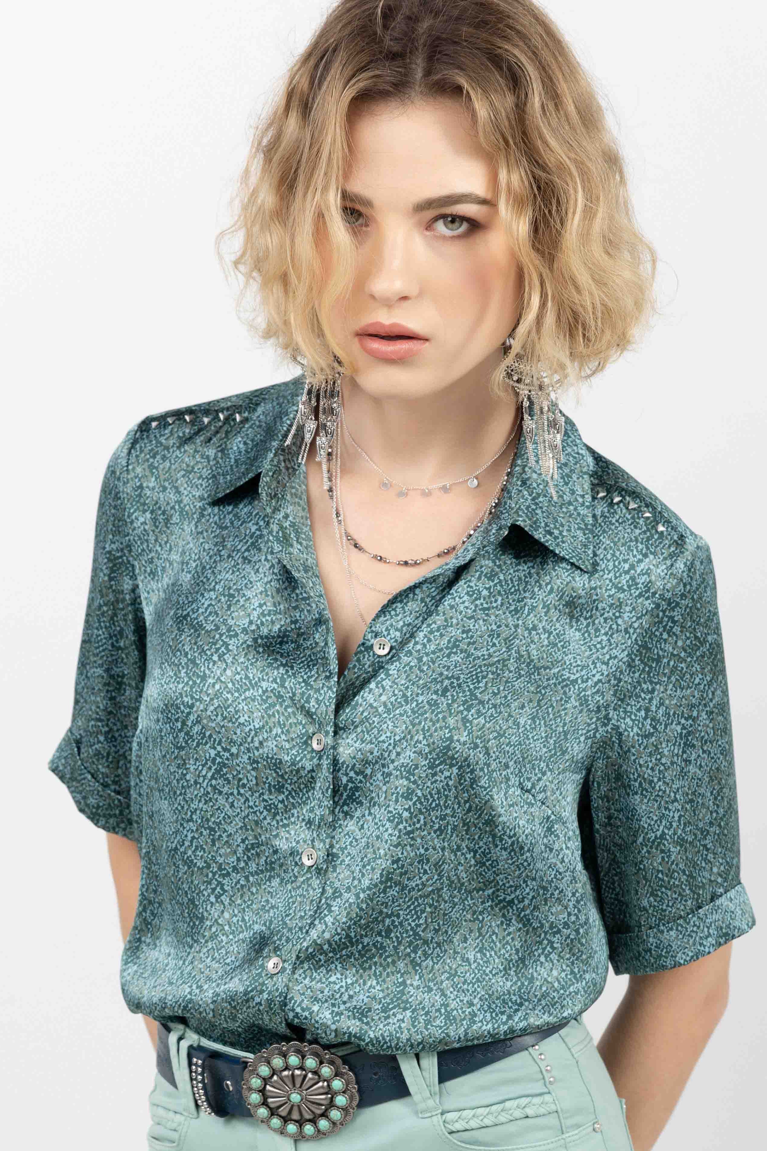 Chemise satin imprimé bleu | Elora