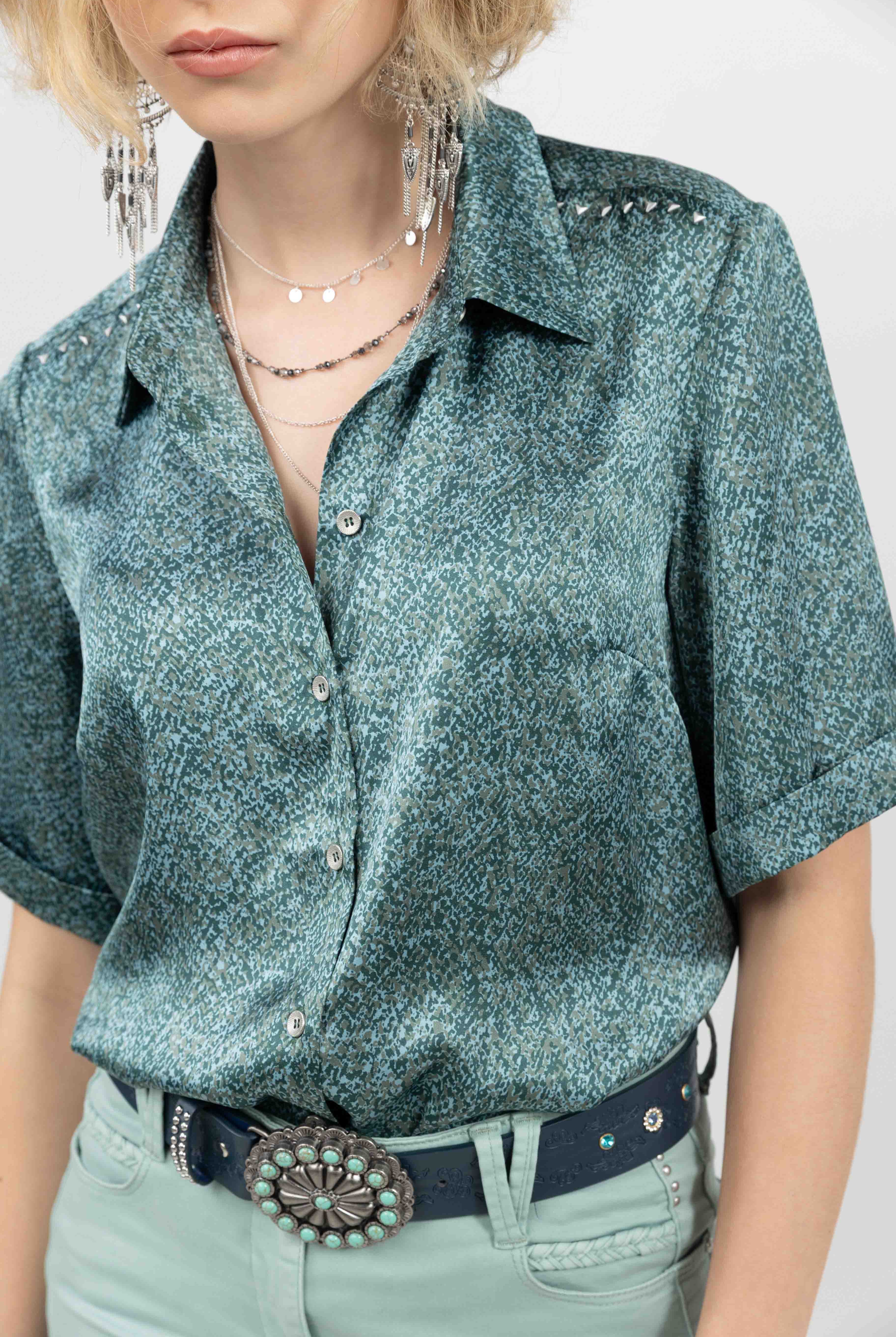 Chemise satin imprimé bleu | Elora