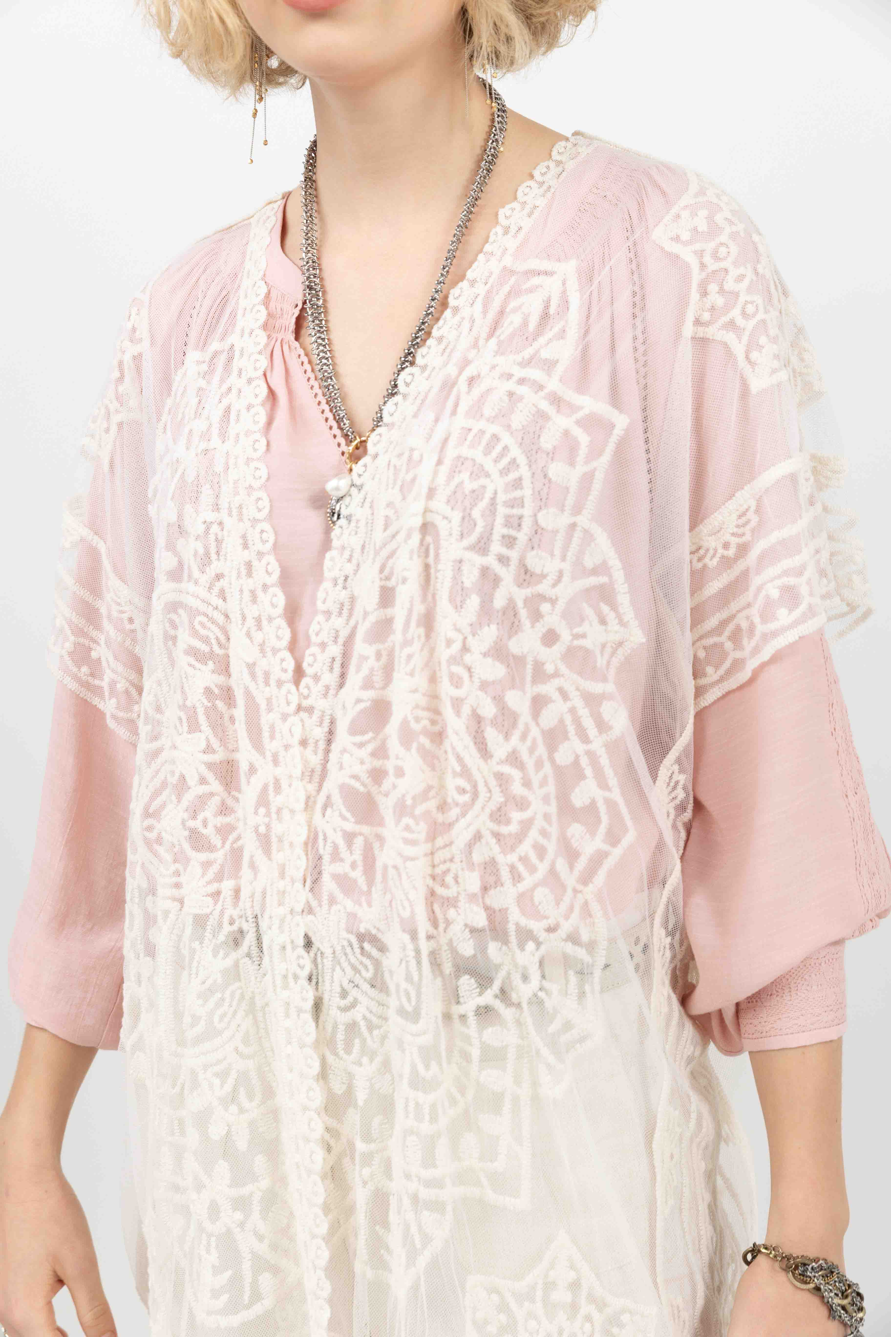 Poncho écru long dentelle bohème | Elora