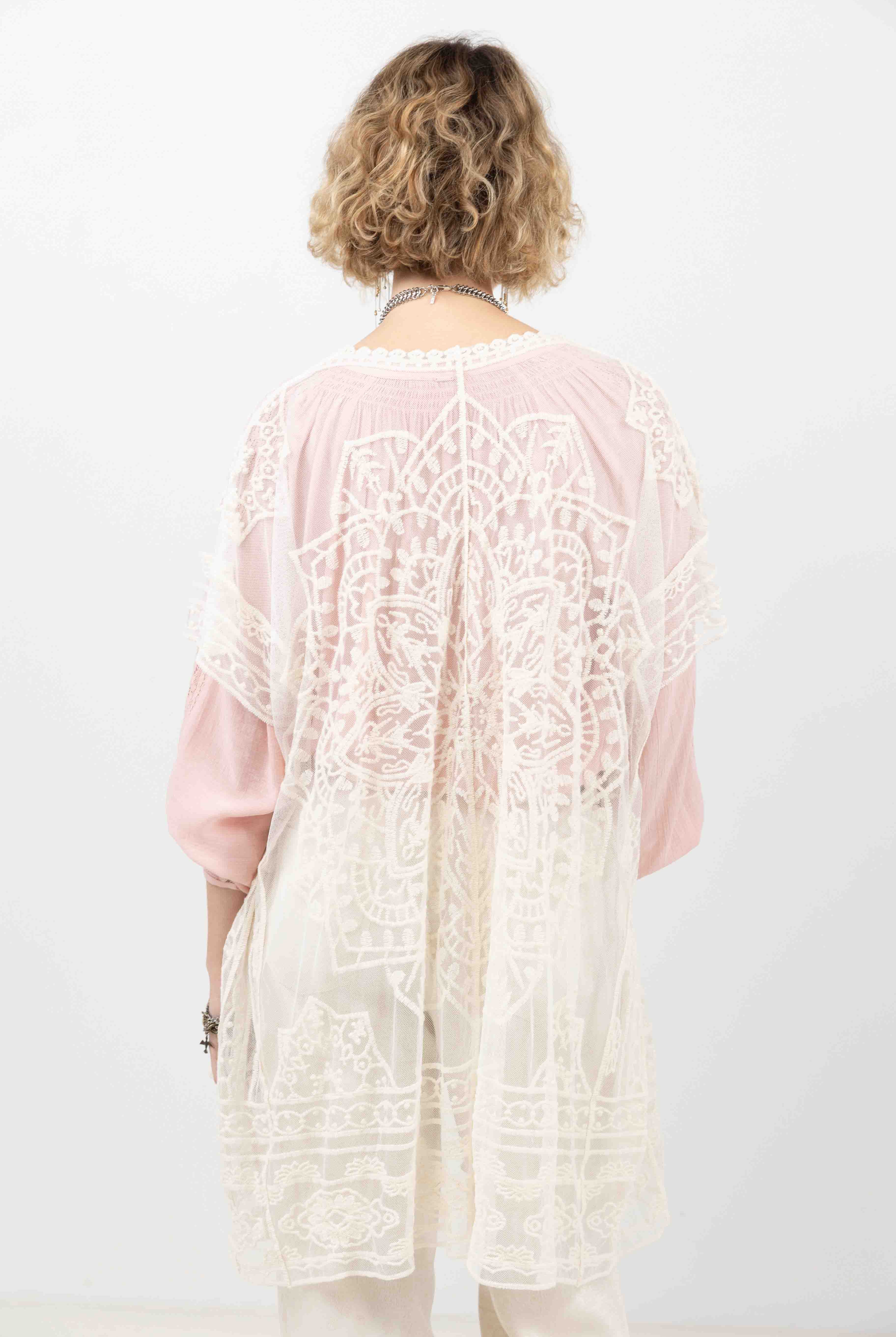 Poncho écru long dentelle bohème | Elora