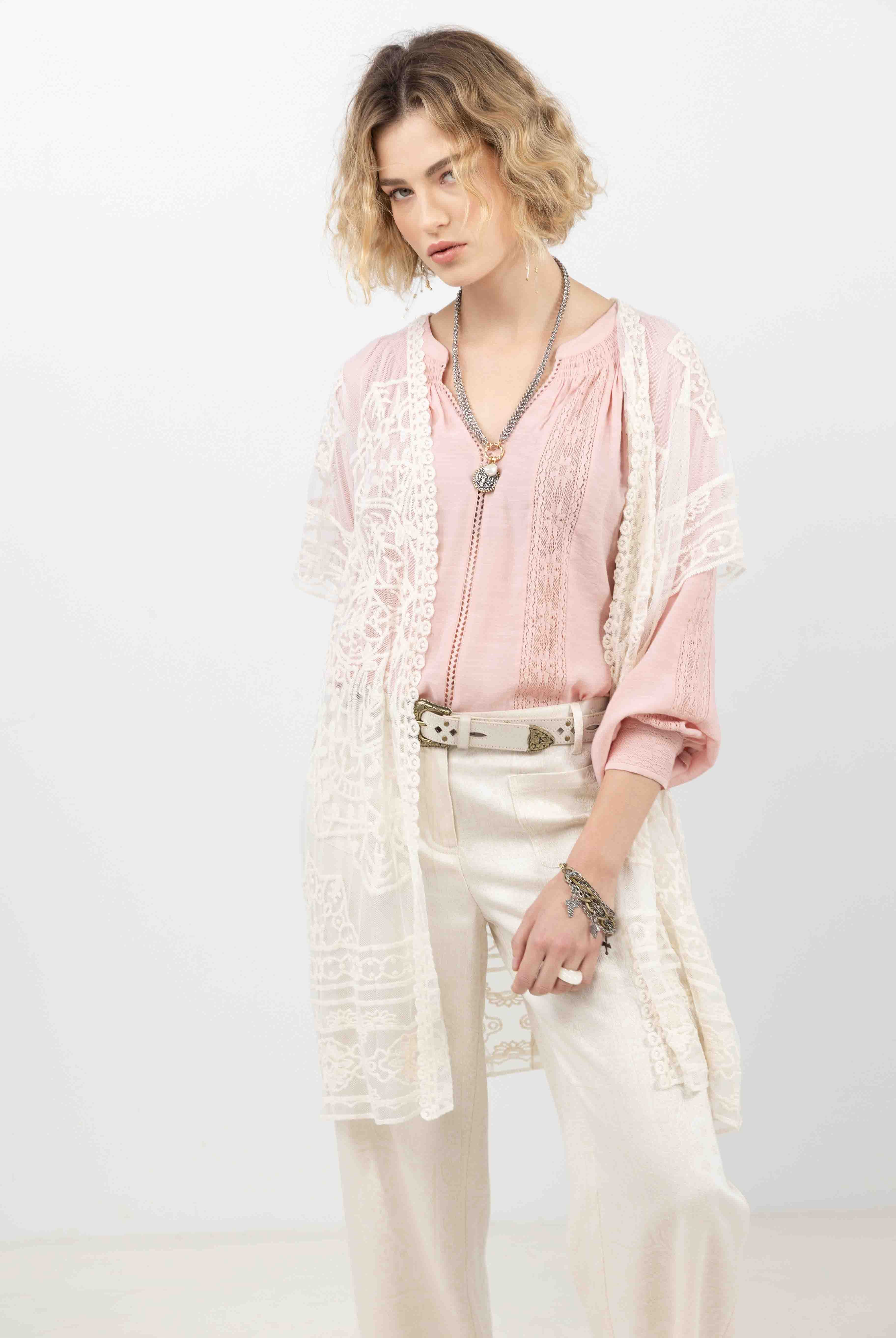 Poncho écru long dentelle bohème | Elora