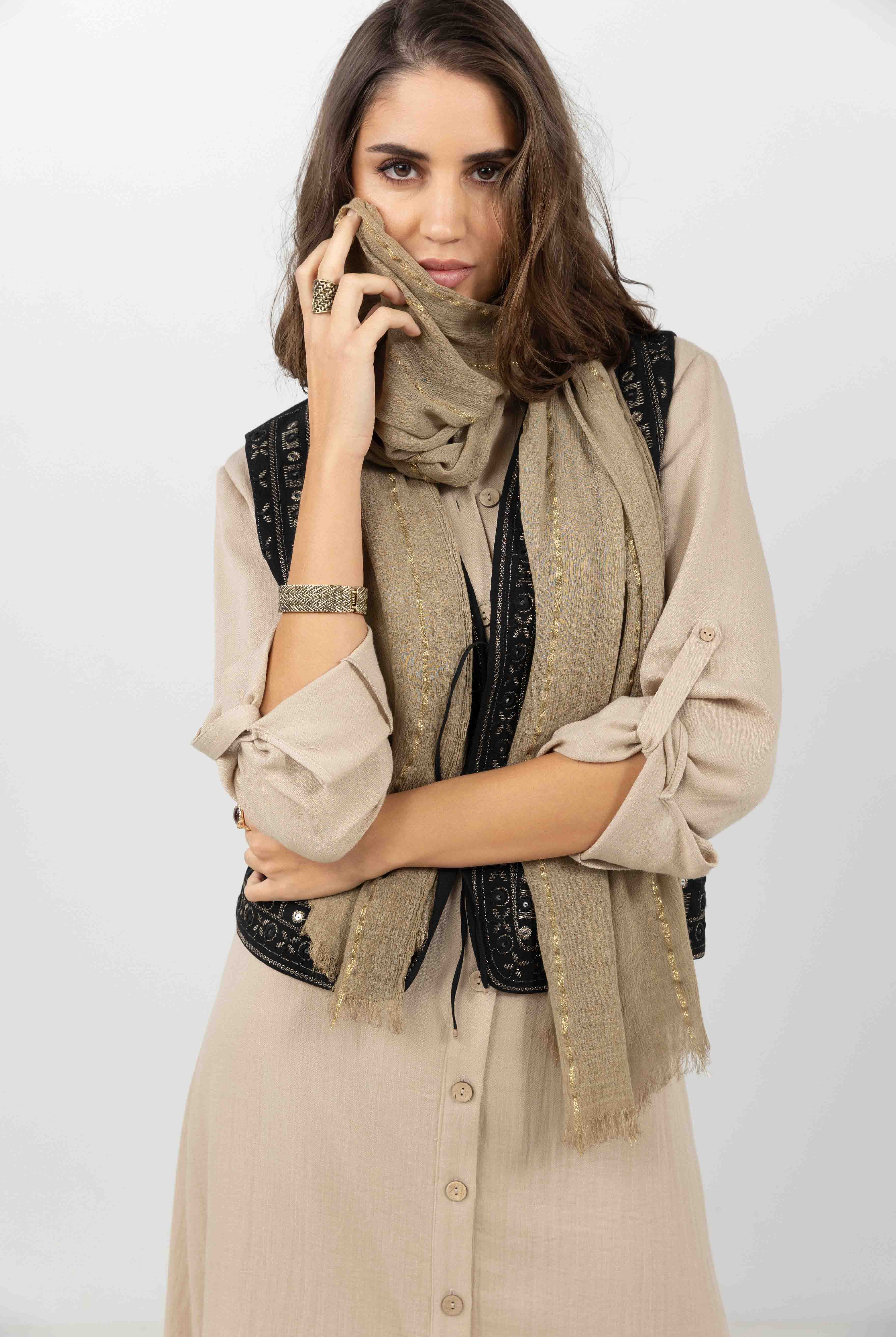 Chèche beige fils lurex doré | Elora