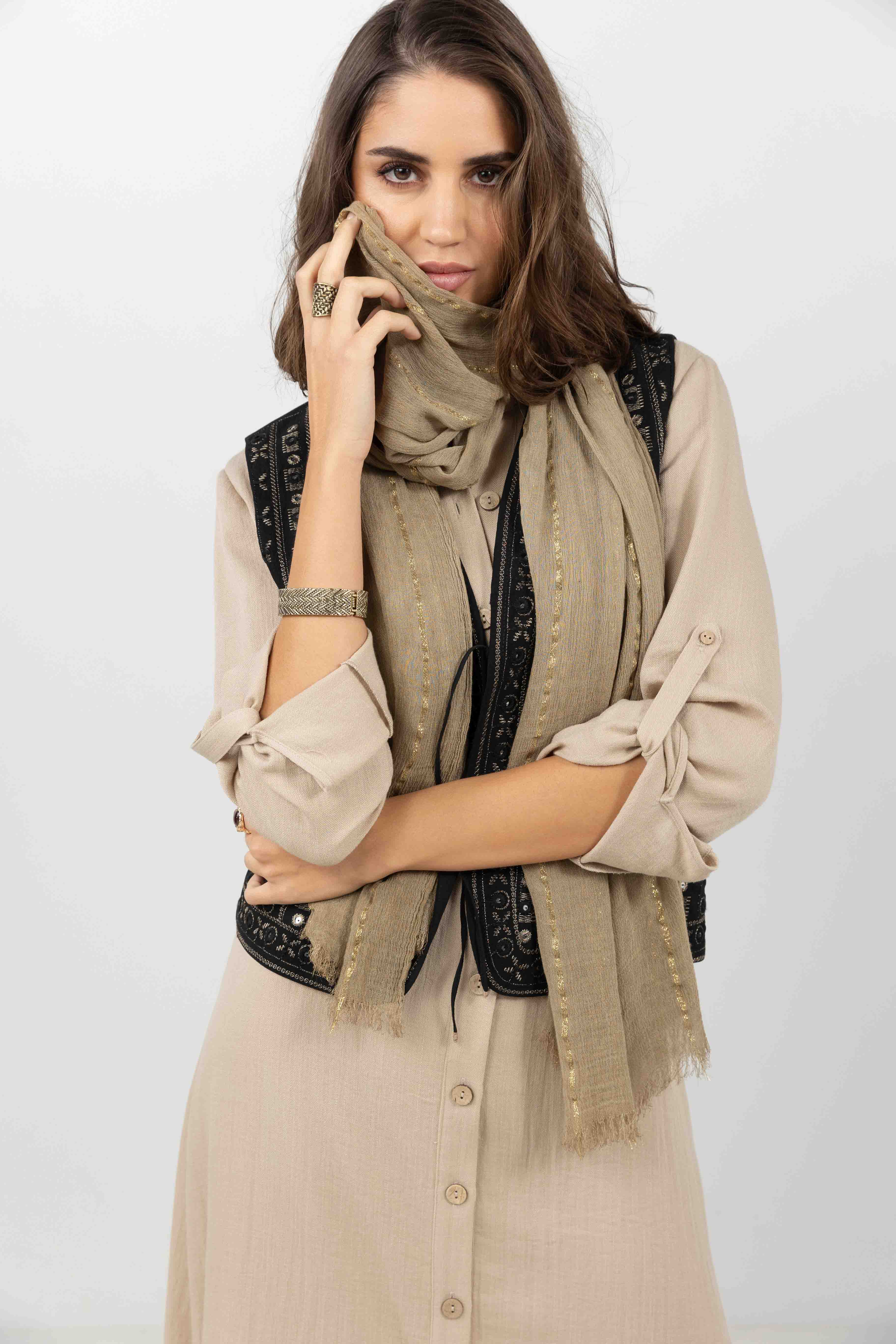 Chèche beige fils lurex doré | Elora