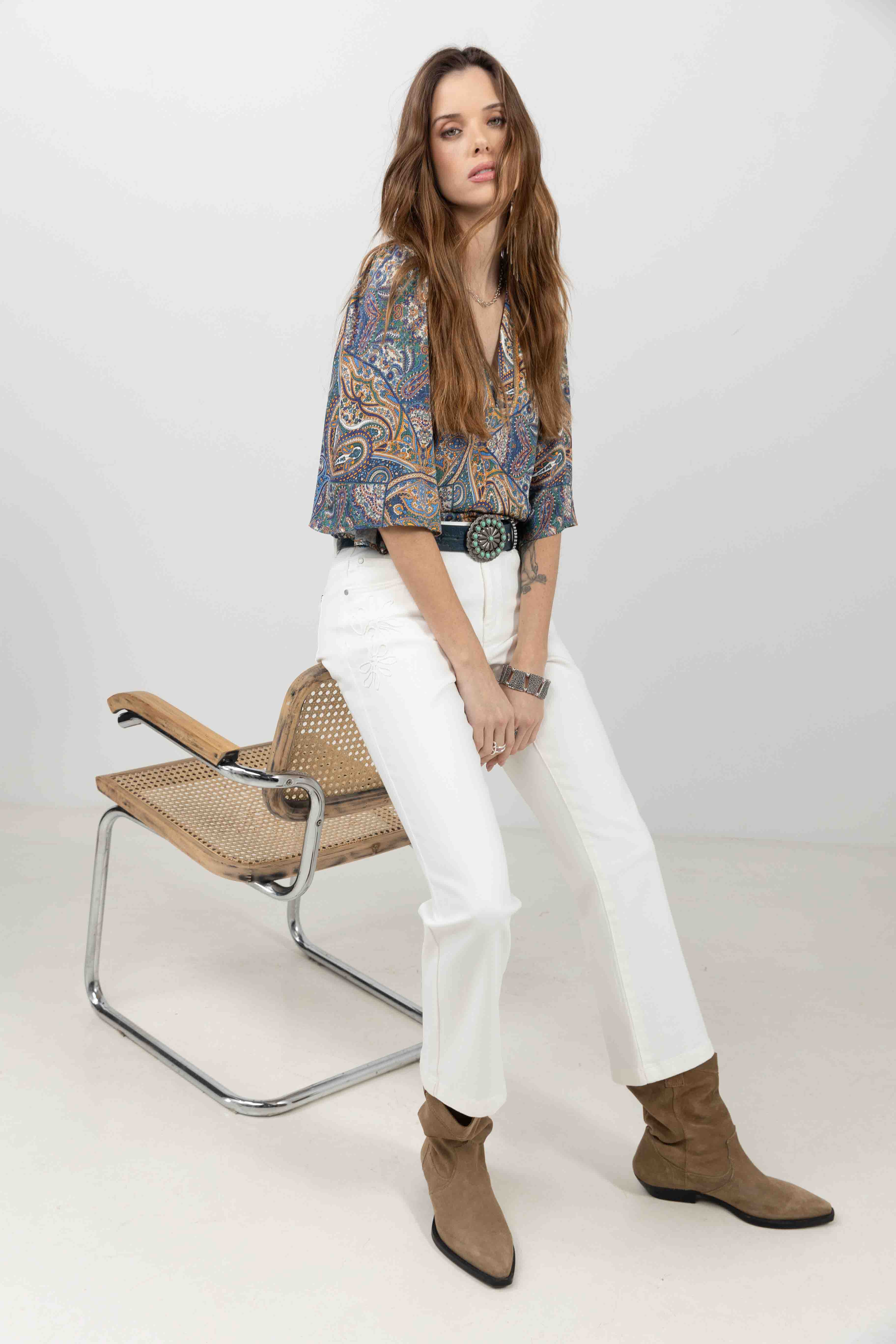 Jean blanc bootcut broderie chic | Elora