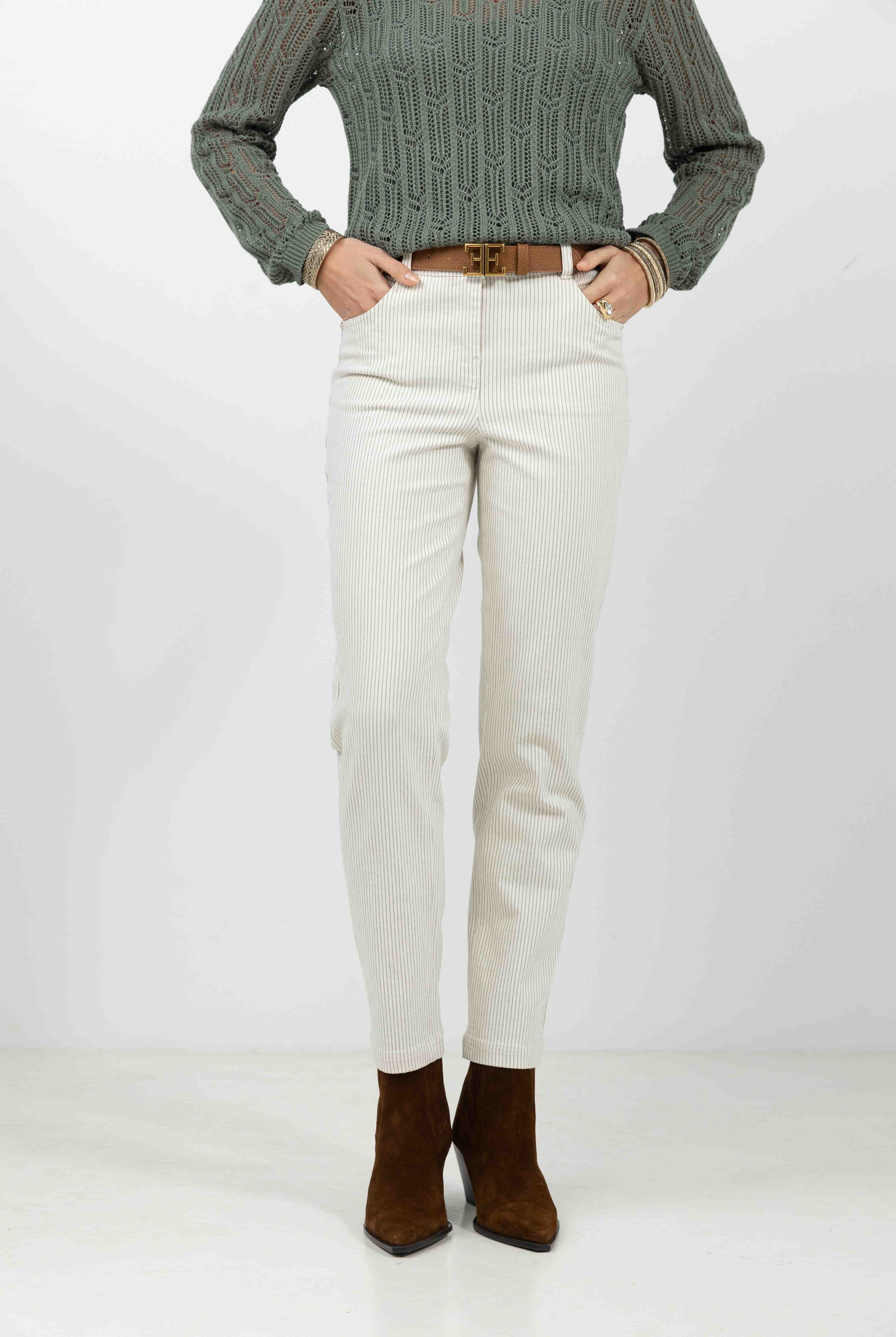 Pantalon écru rayé kaki | Elora