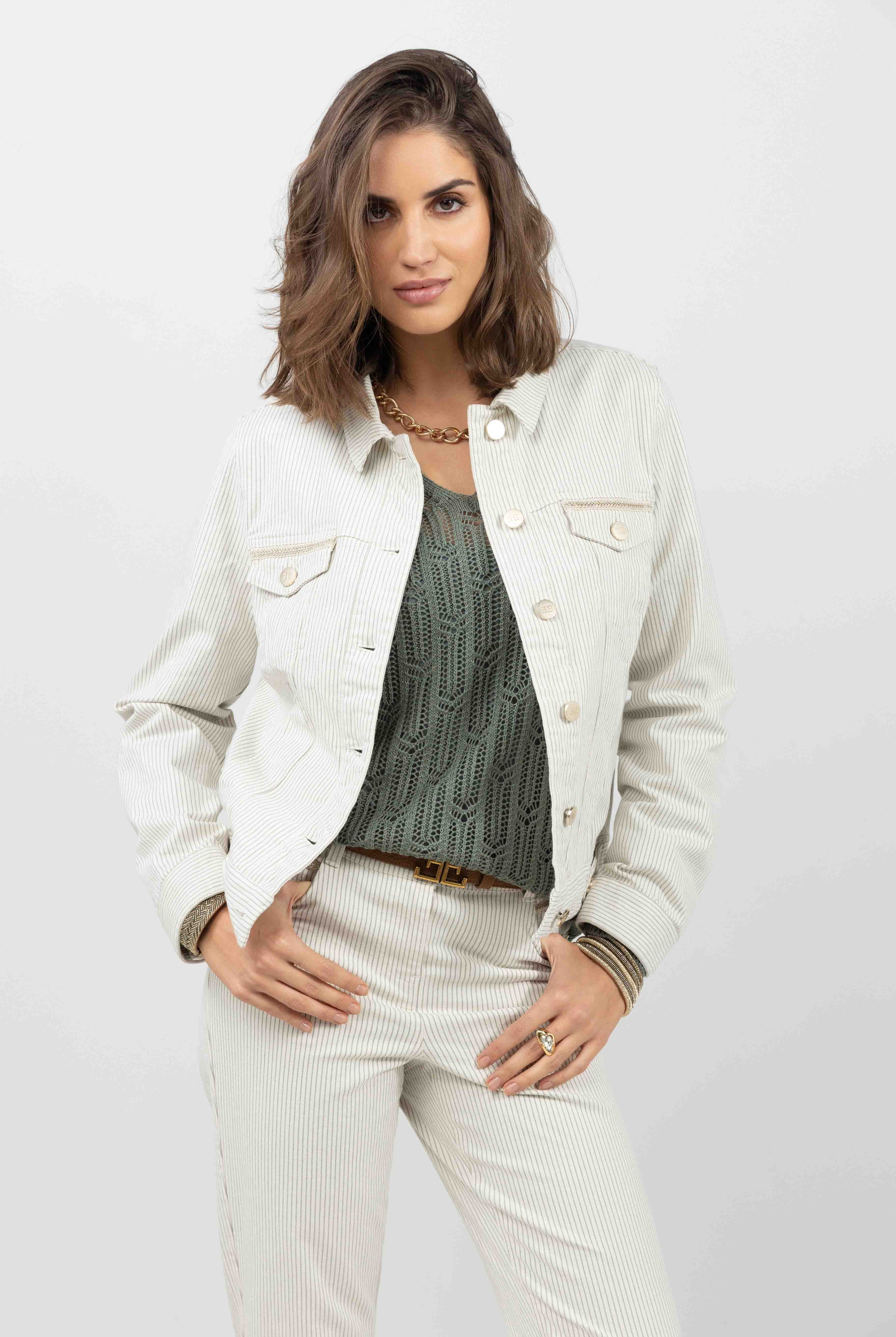 Veste en jean écru rayé kaki | Elora