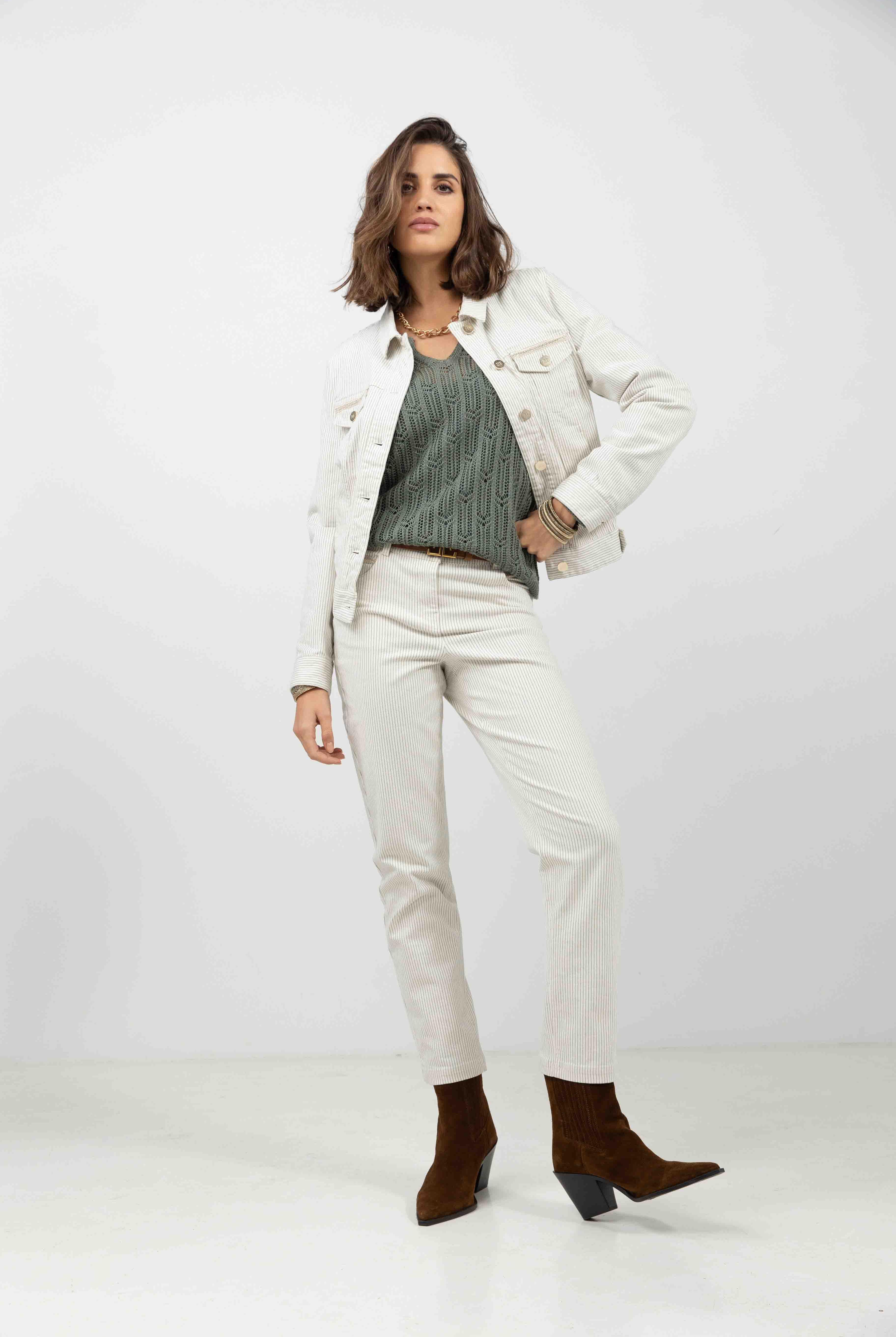 Pantalon écru rayé kaki | Elora