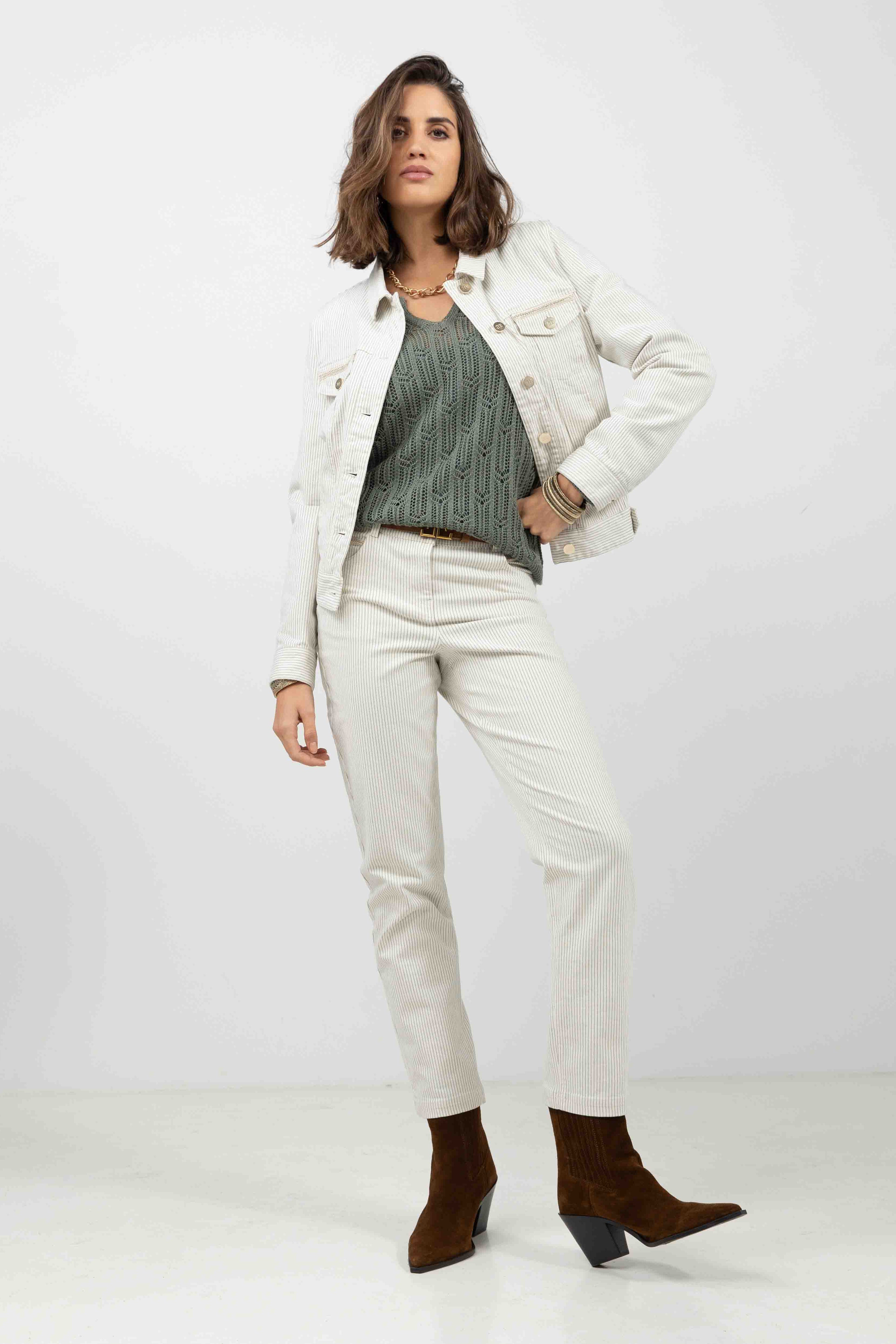 Pantalon écru rayé kaki | Elora