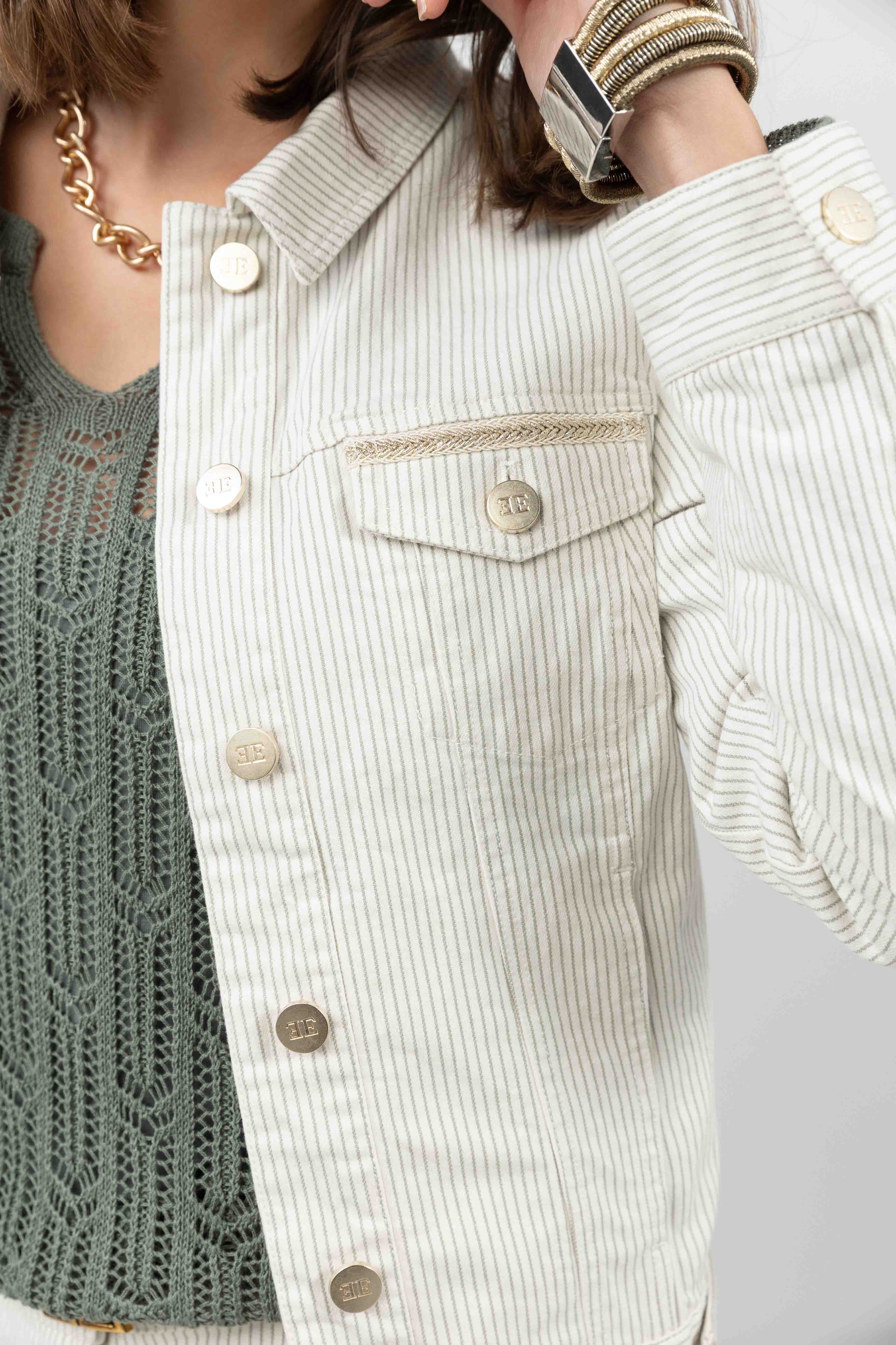 Veste en jean écru rayé kaki | Elora