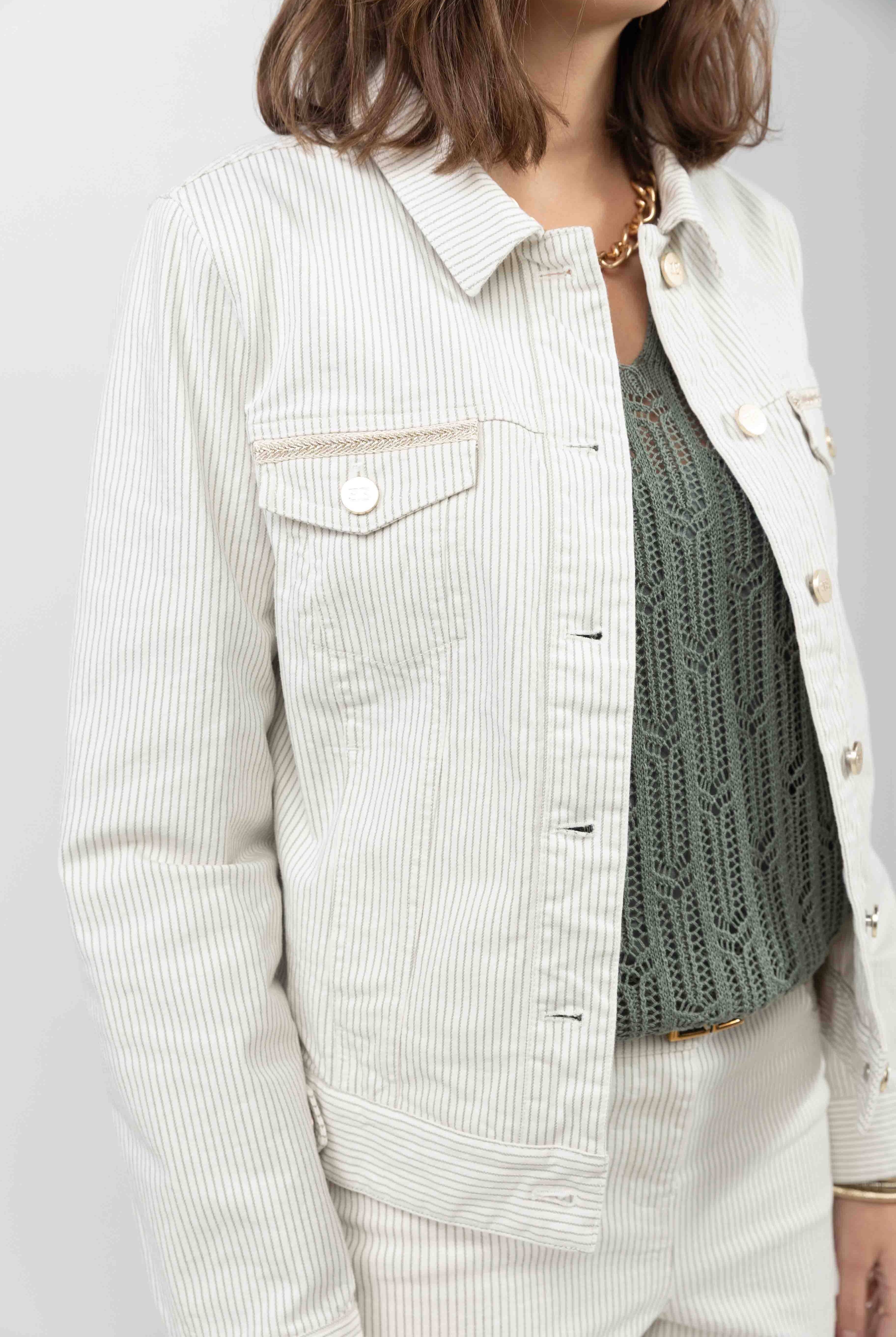 Veste en jean écru rayé kaki | Elora