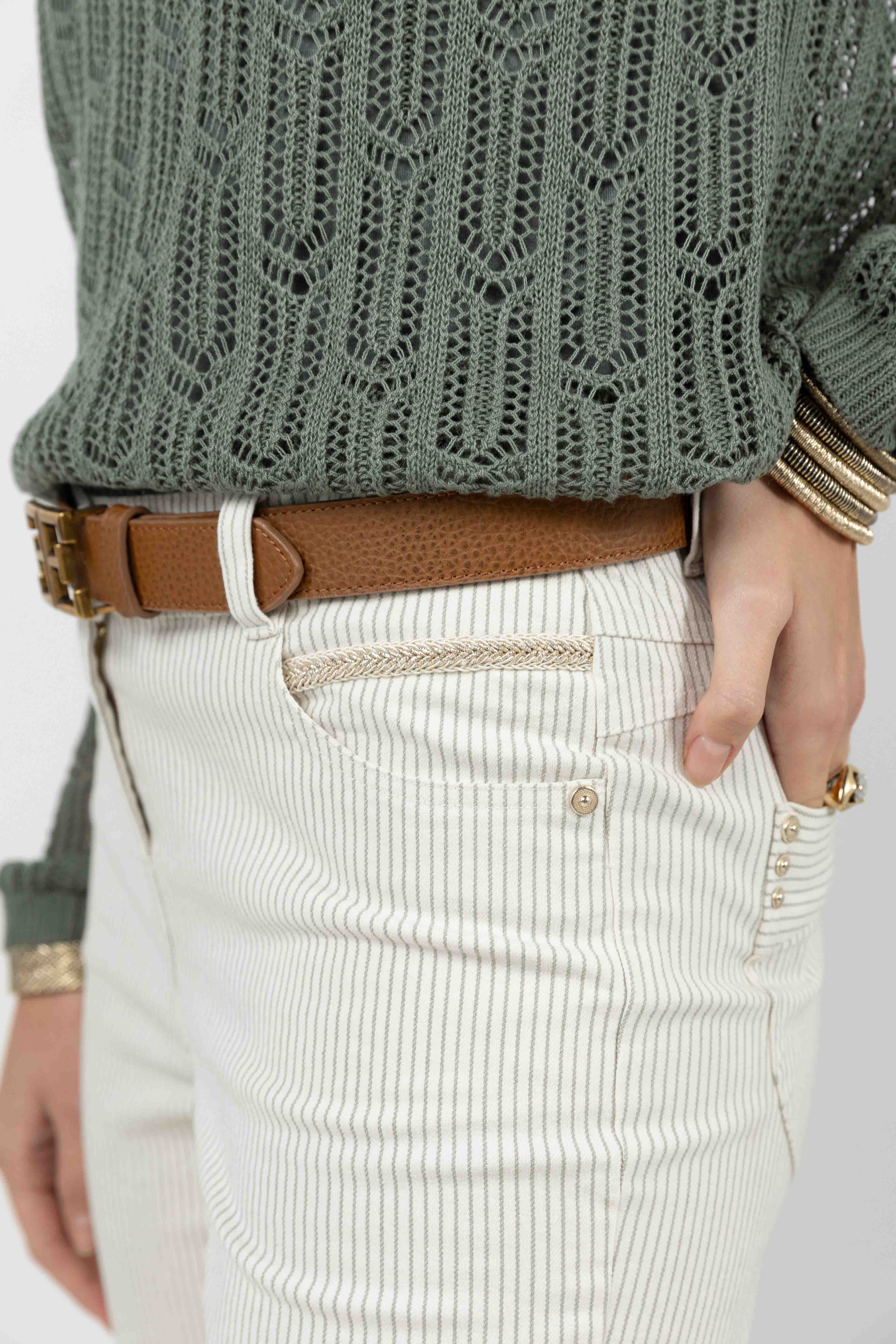 Pantalon écru rayé kaki | Elora