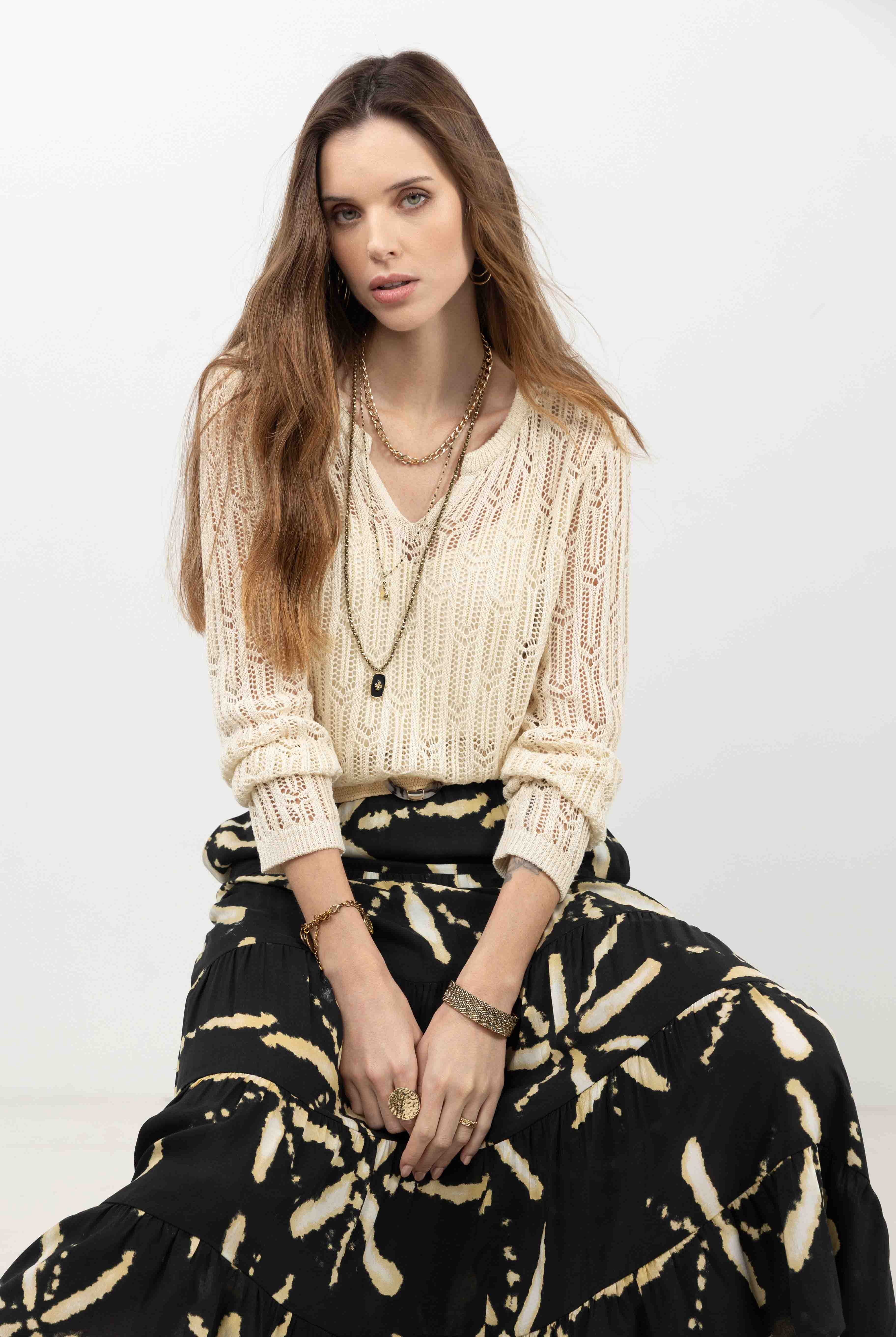 Pull ajouré crème avec top intégré | Elora