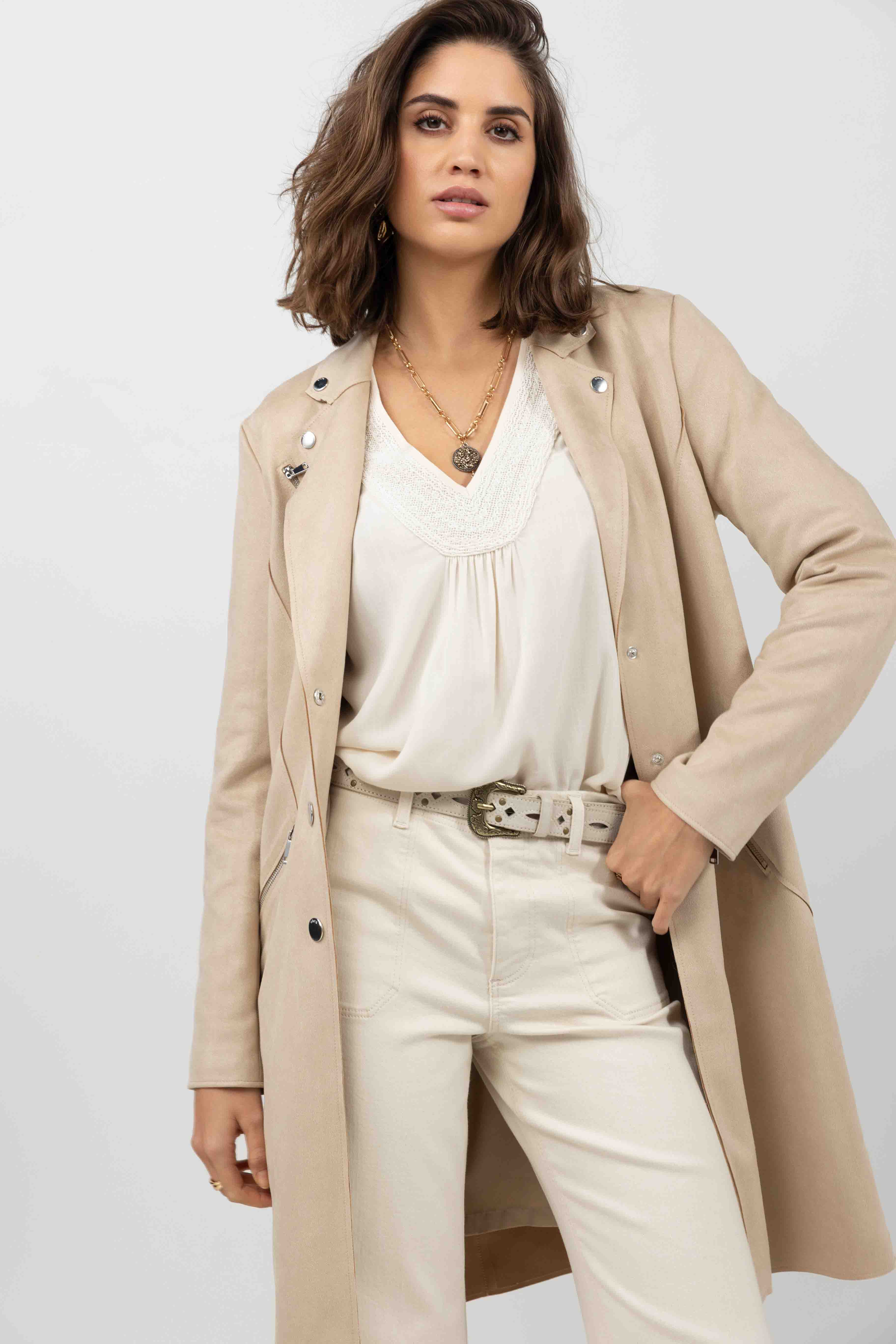 Manteau beige suédé rock chic | Elora