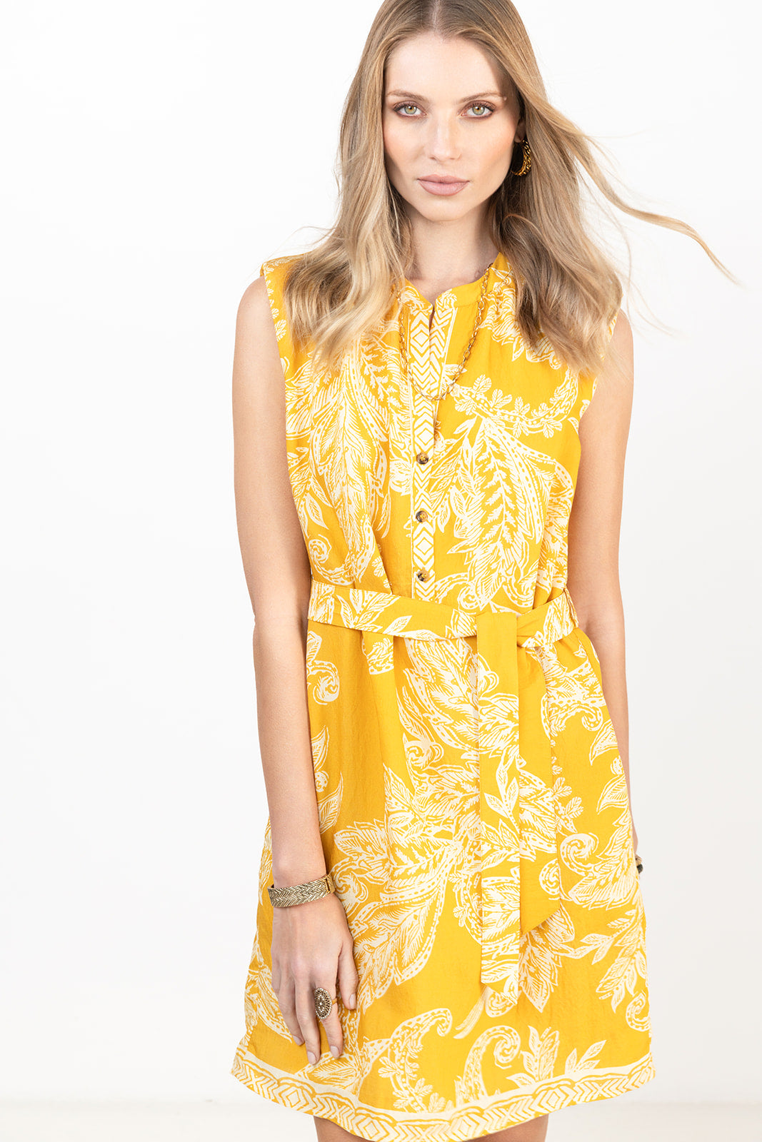 Robe imprimée jaune épaulée ceinturée | Elora