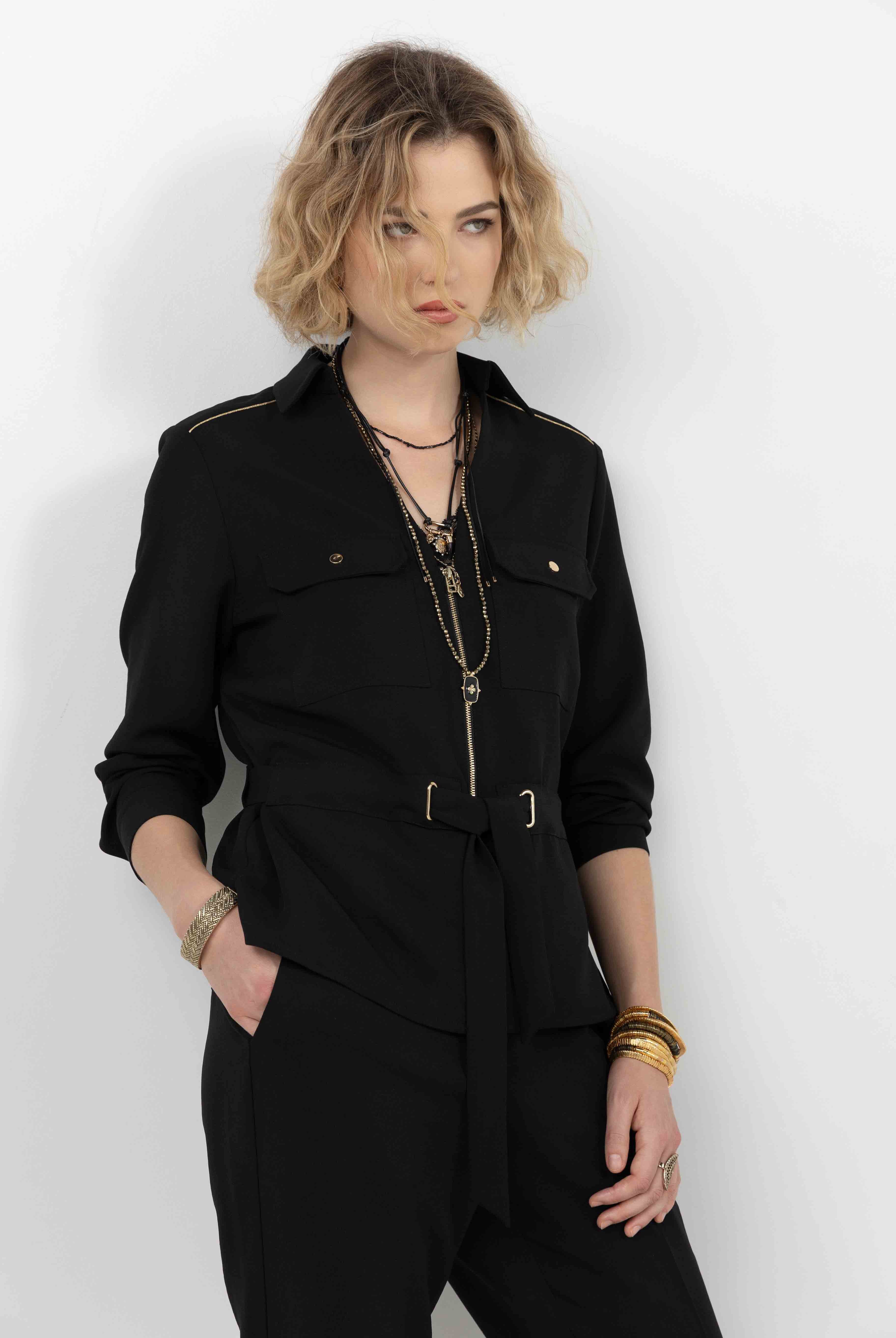 Veste noir chic ceinturée | Elora