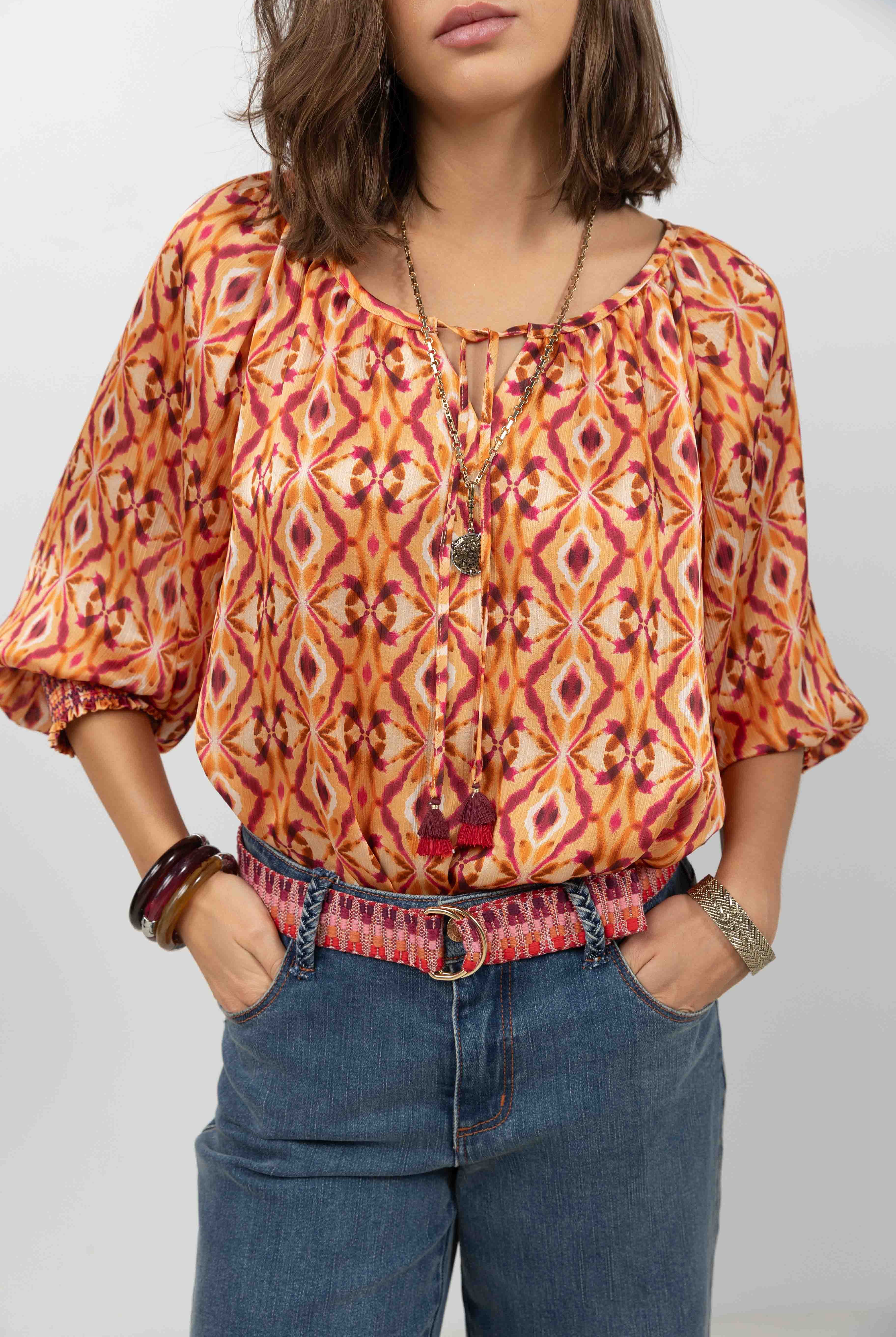 Blouse bohème imprimée rose et orange | Elora