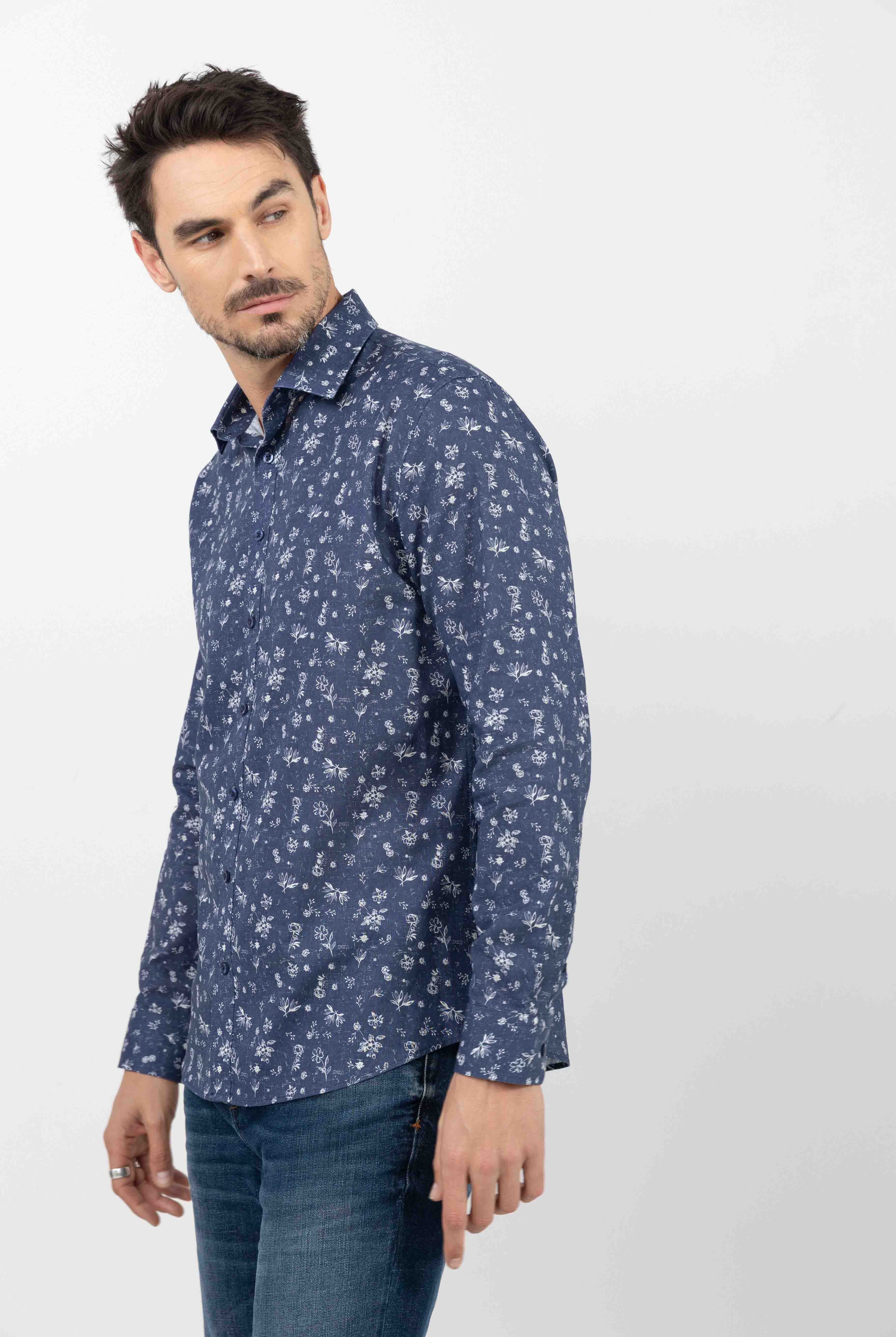 Chemise bleue imprimé fleuri | Elora