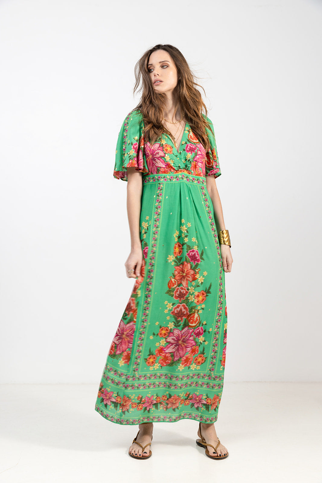 Robe longue imprimée vert rose doré| Elora