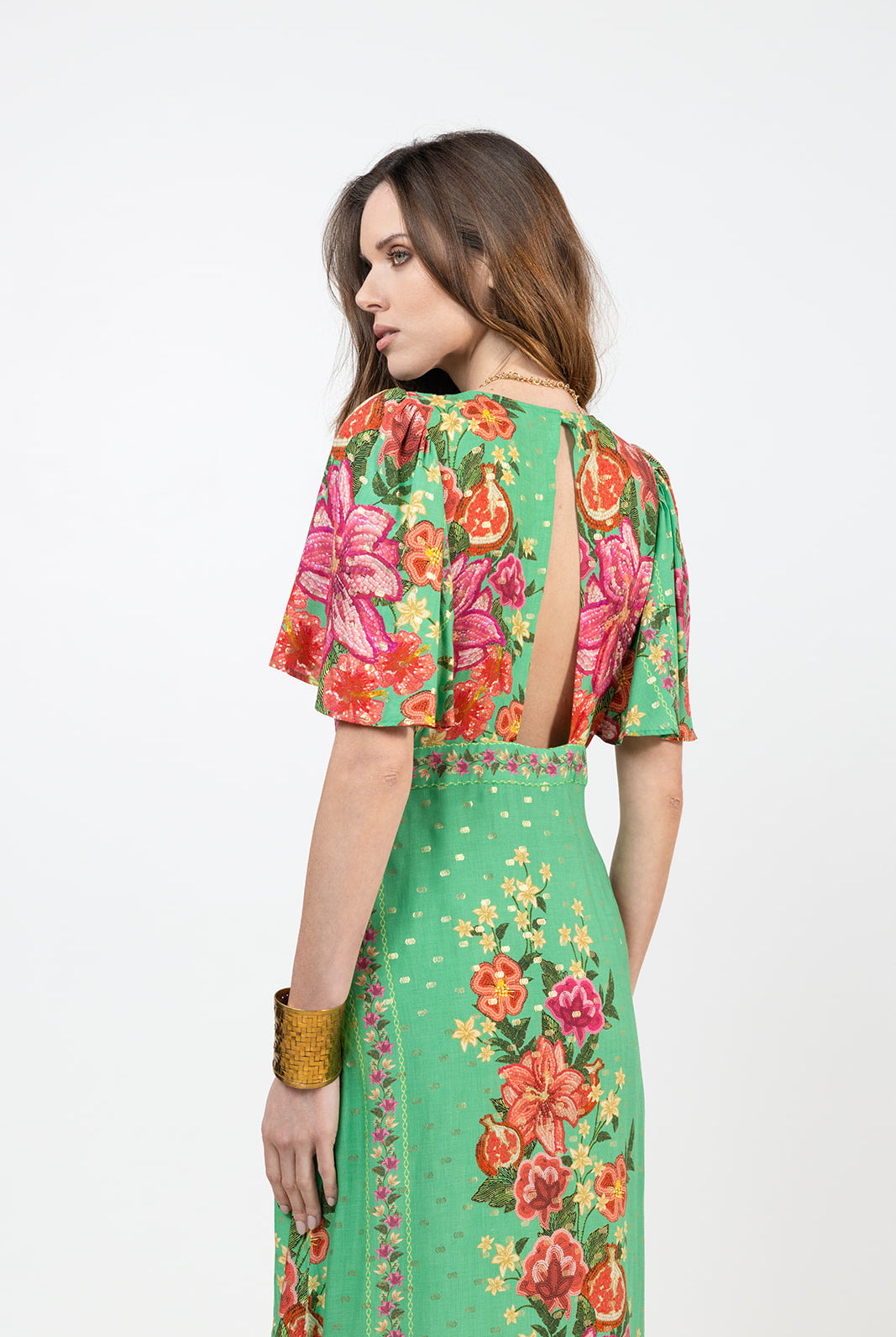 Robe longue imprimée vert rose doré | Elora