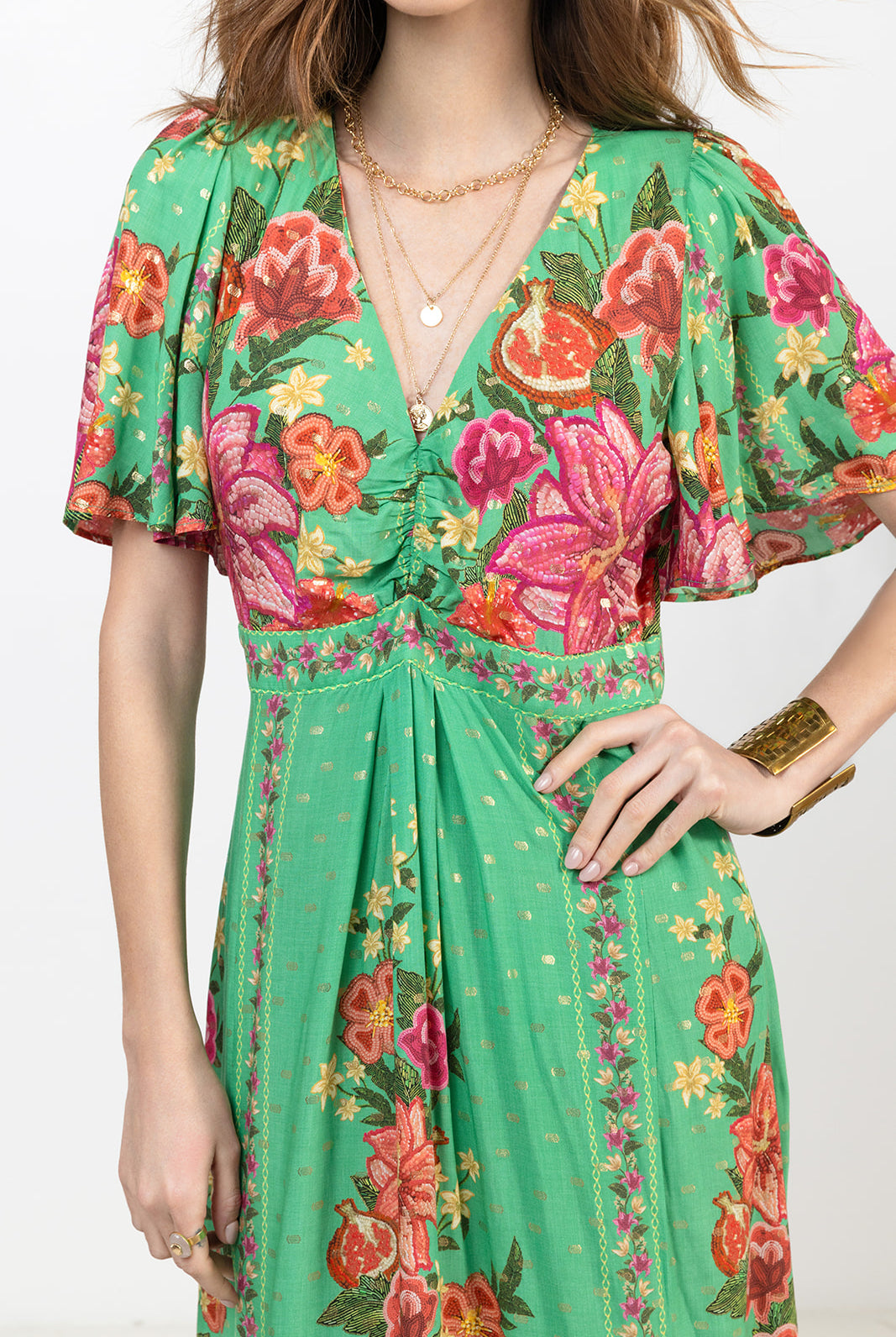 Robe longue imprimée vert rose doré | Elora