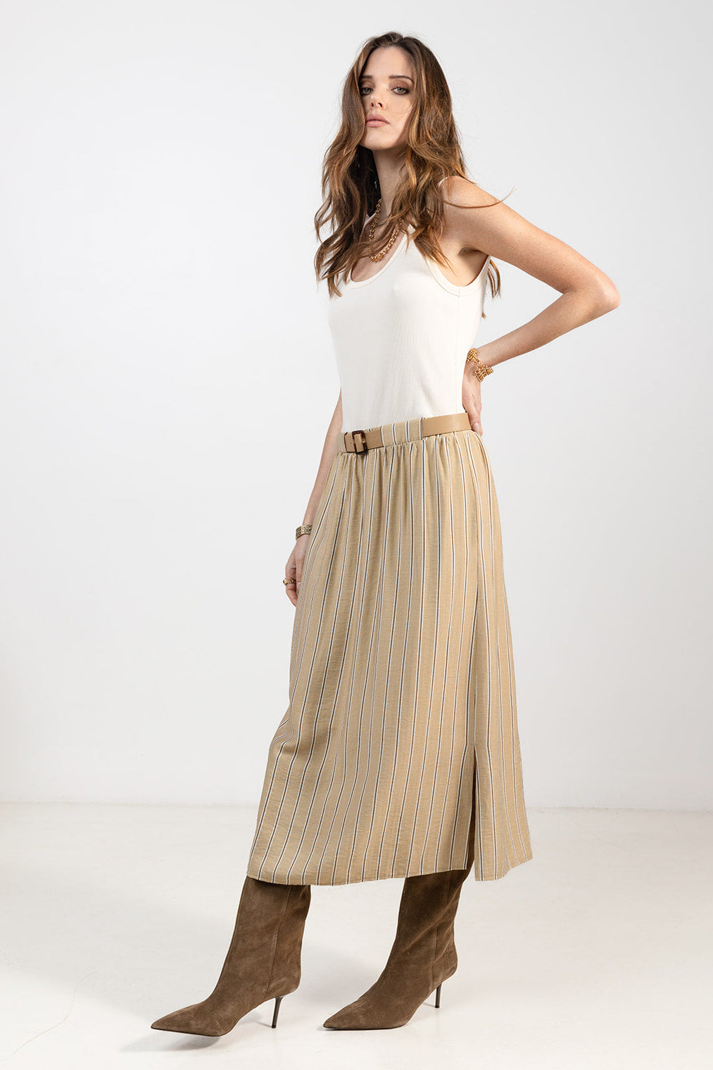 Robe midi rayée beige choco ceinturée | Elora
