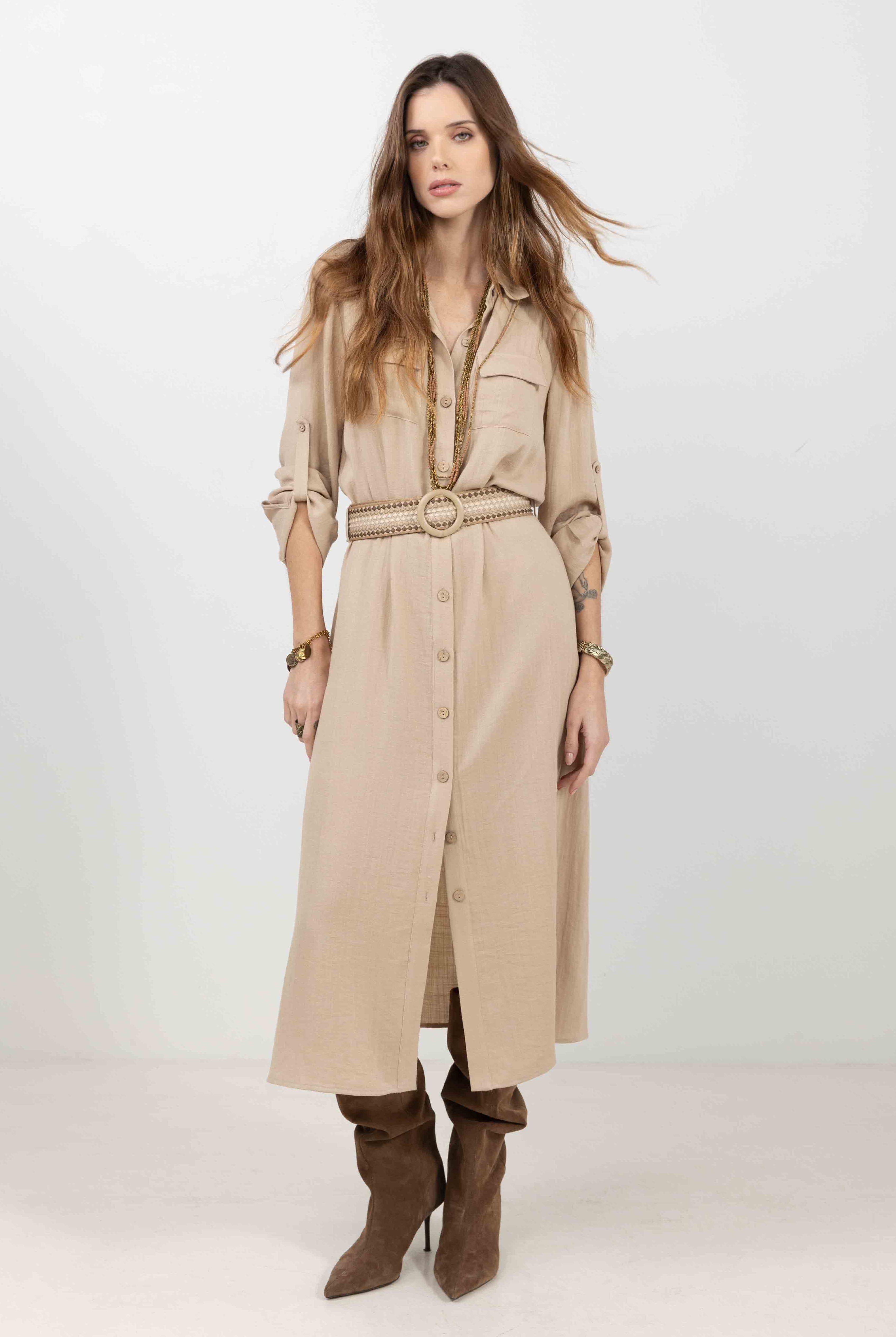 Robe chemise beige longue fluide | Elora