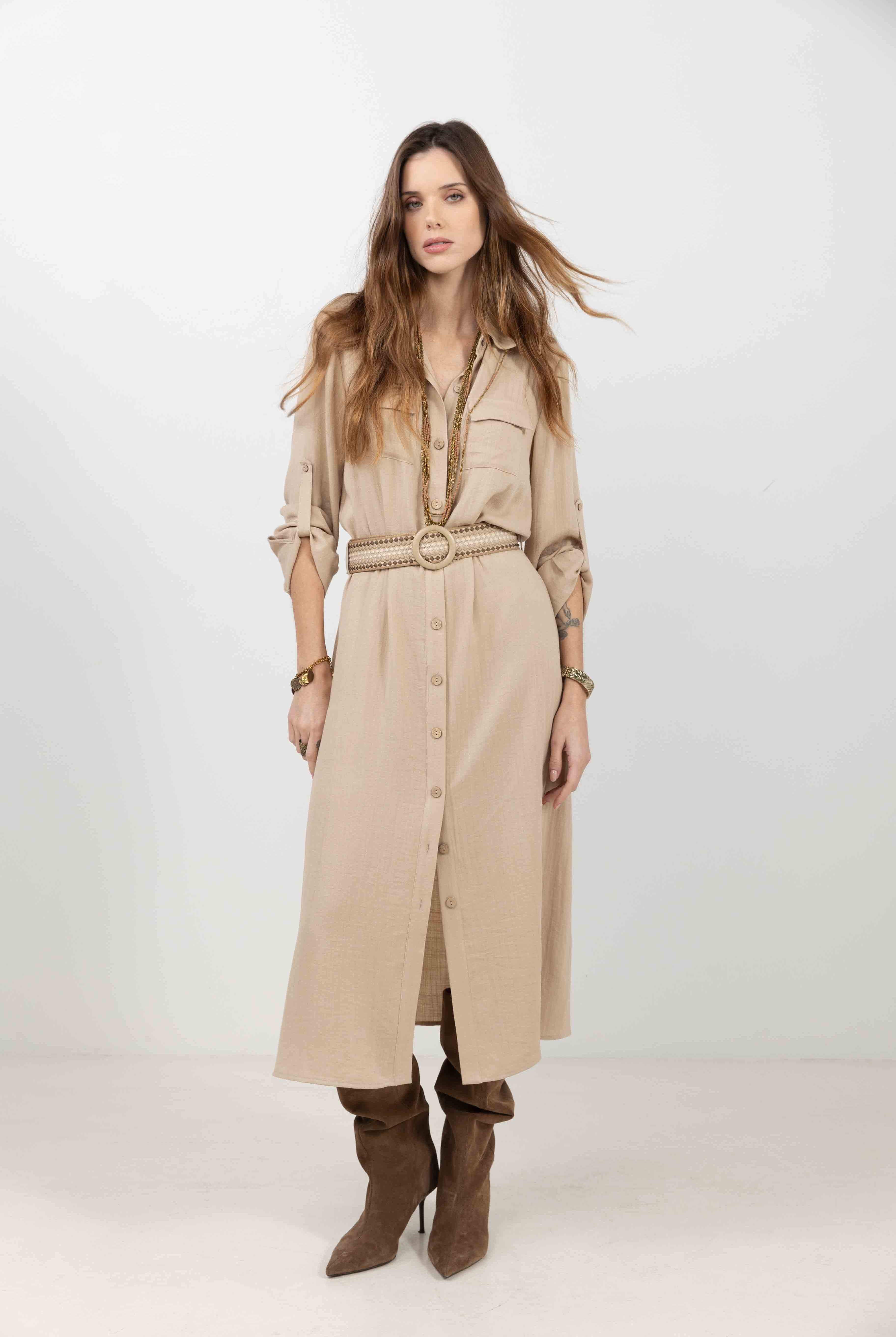 Robe chemise beige longue fluide | Elora