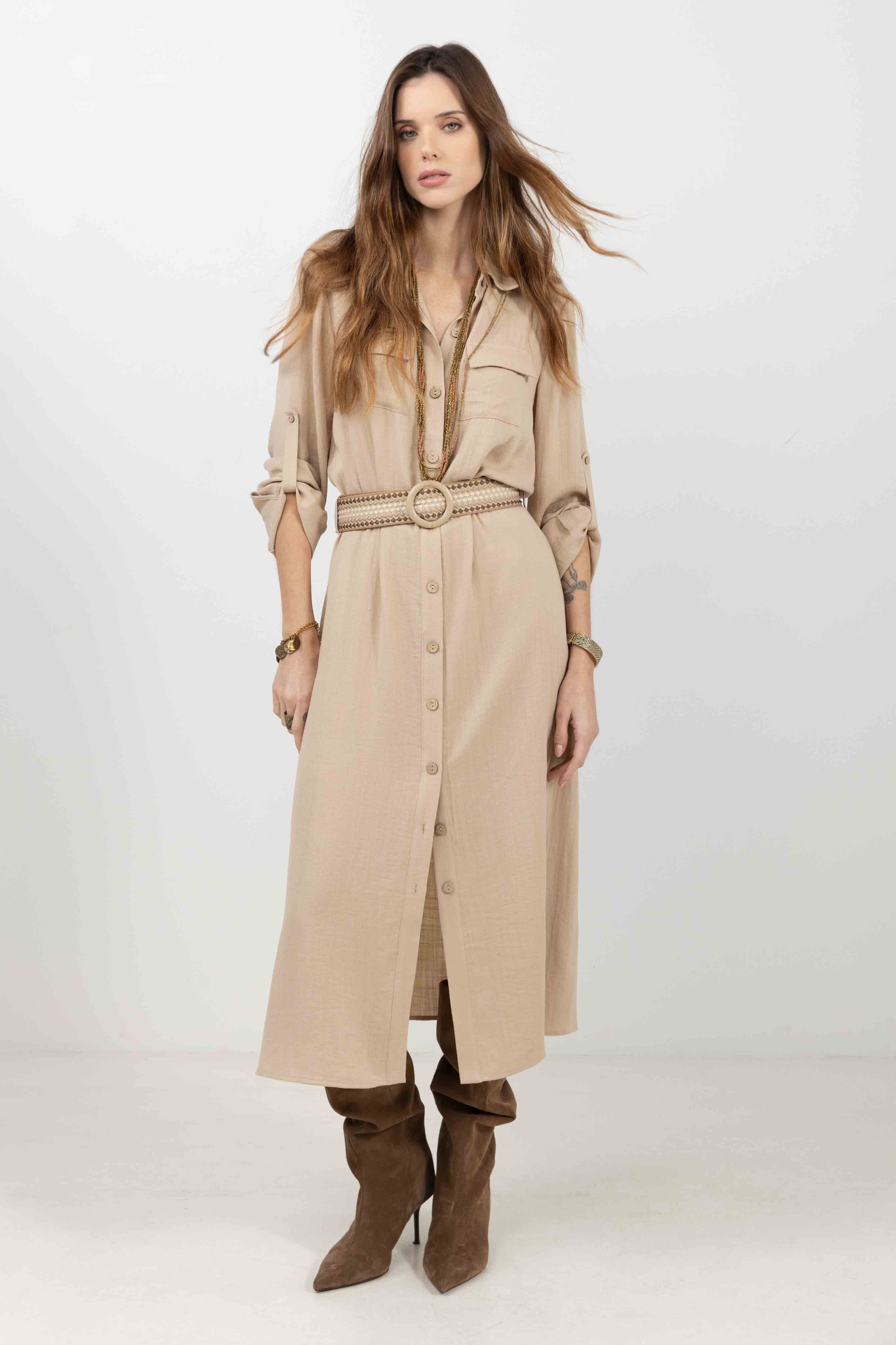 Robe chemise beige longue fluide | Elora