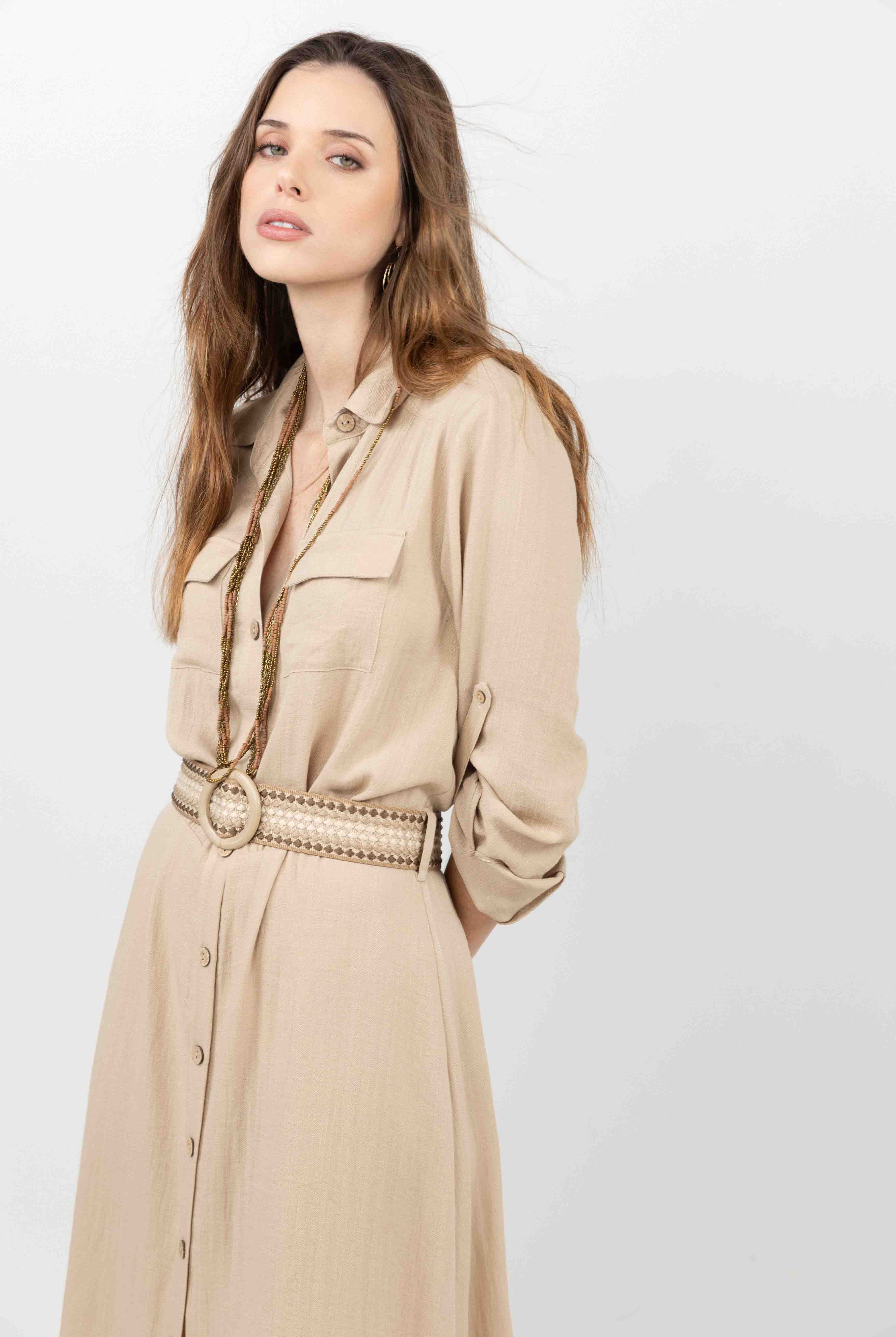 Robe chemise beige longue fluide | Elora