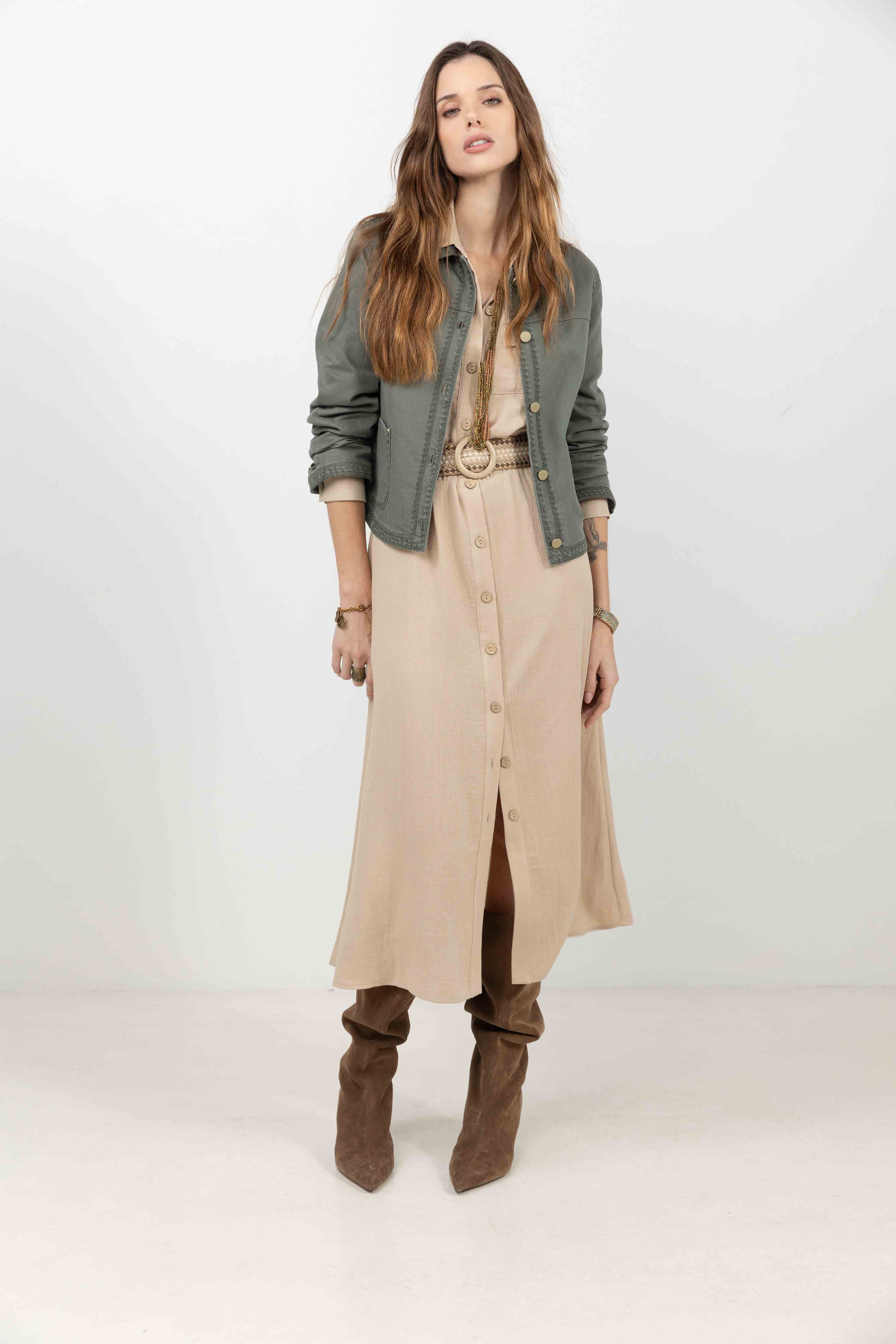 Robe chemise beige longue fluide | Elora