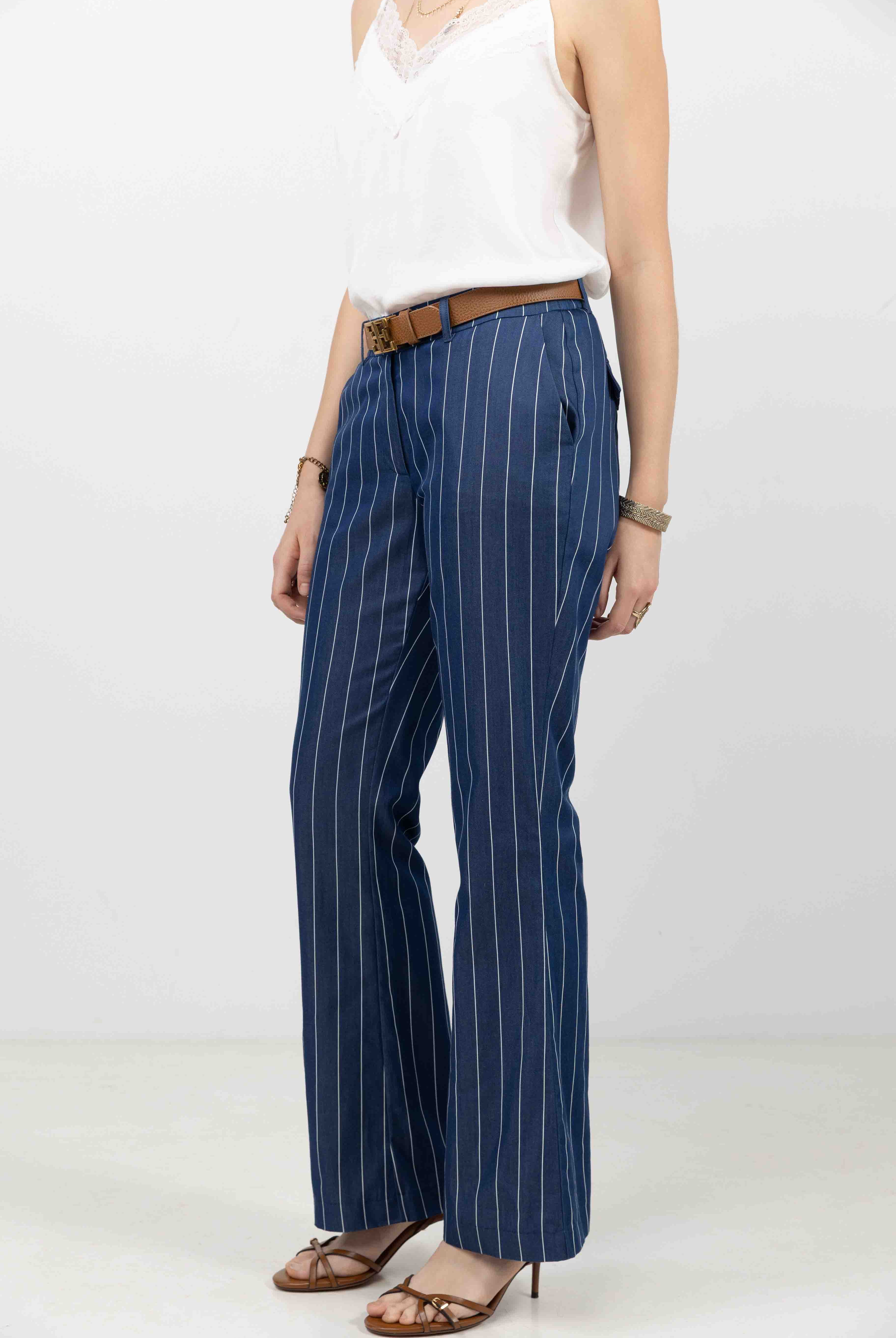 Pantalon bleu foncé rayé fluide | Elora