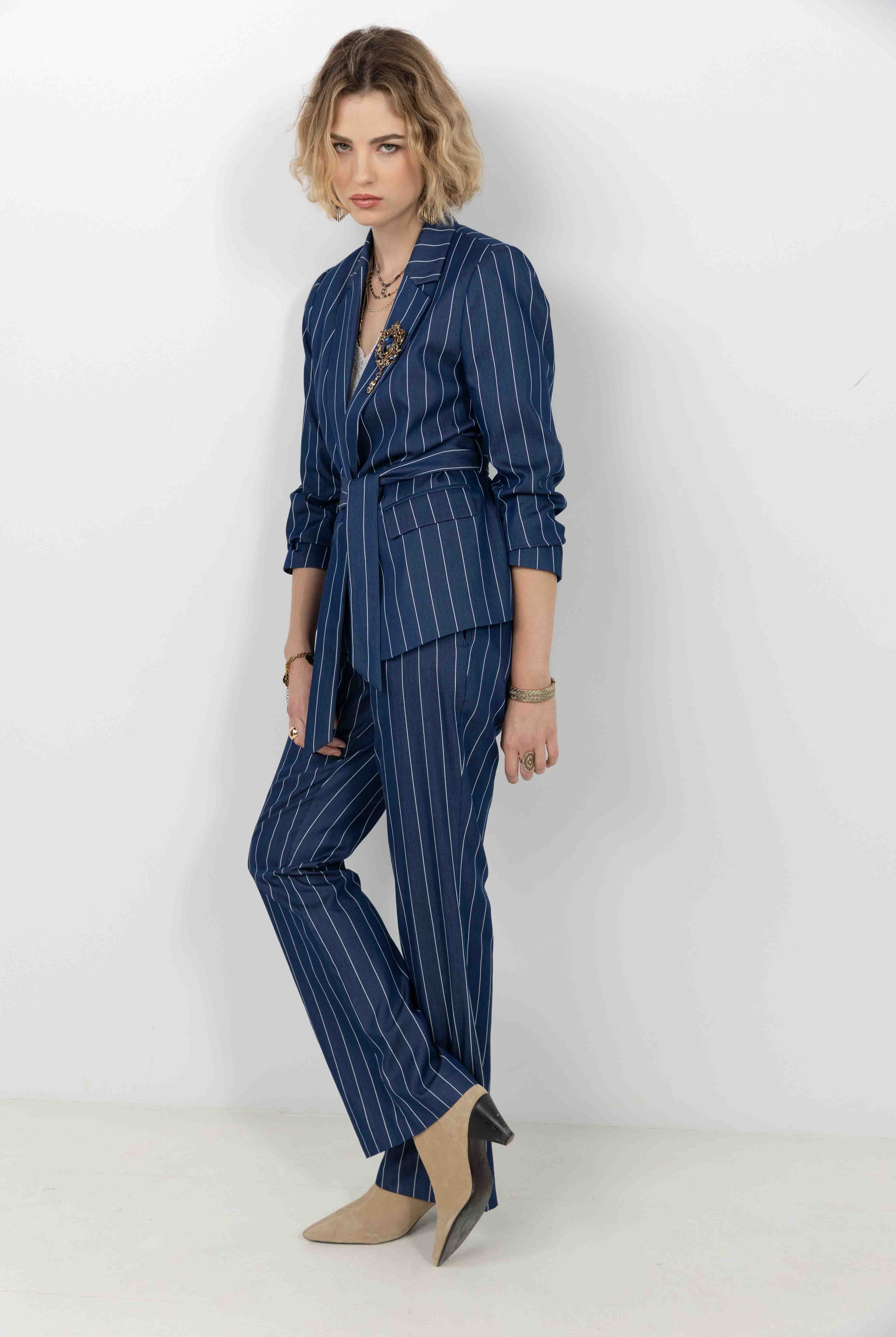 Pantalon bleu foncé rayé fluide | Elora