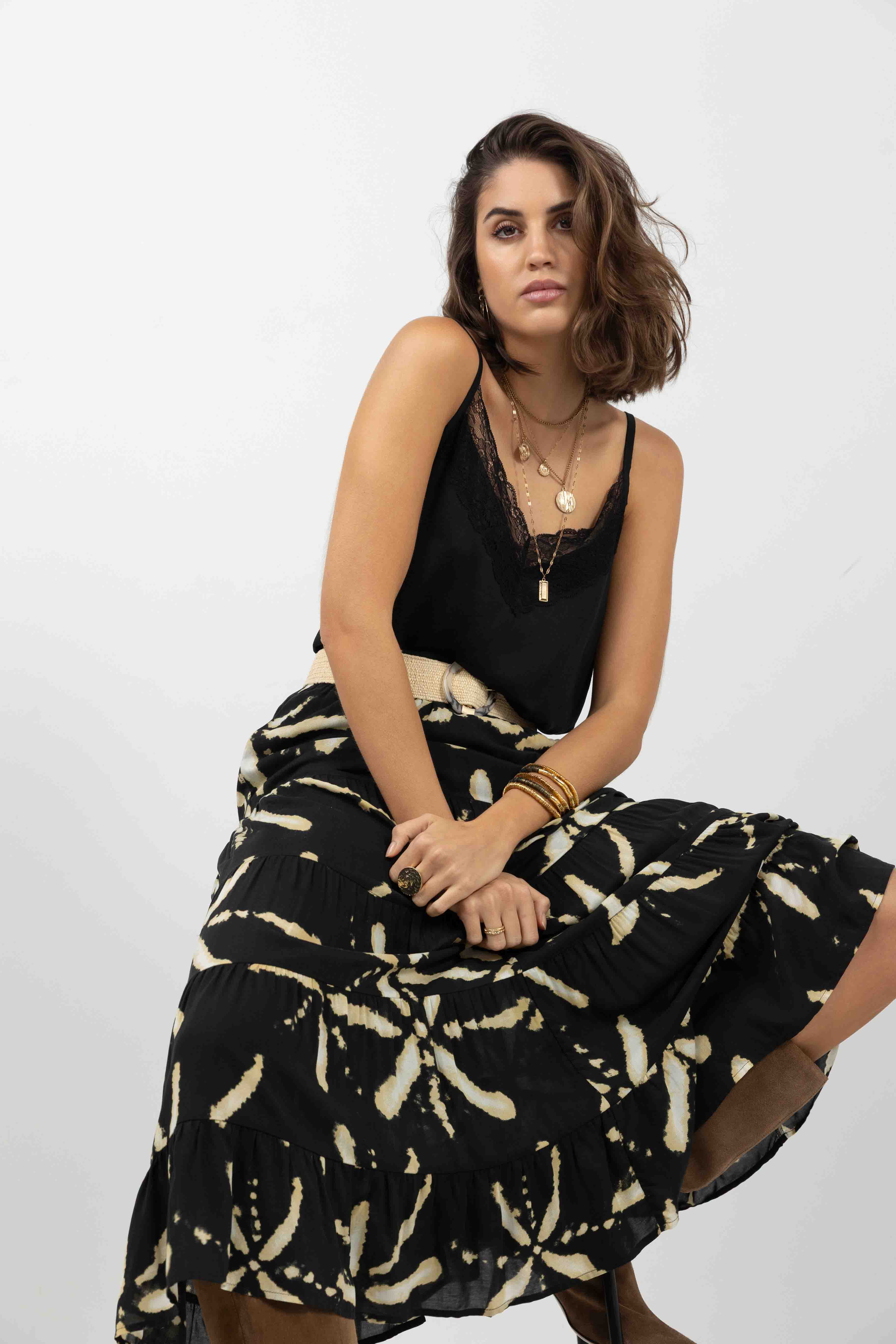 Jupe longue imprimé noir et écru | Elora