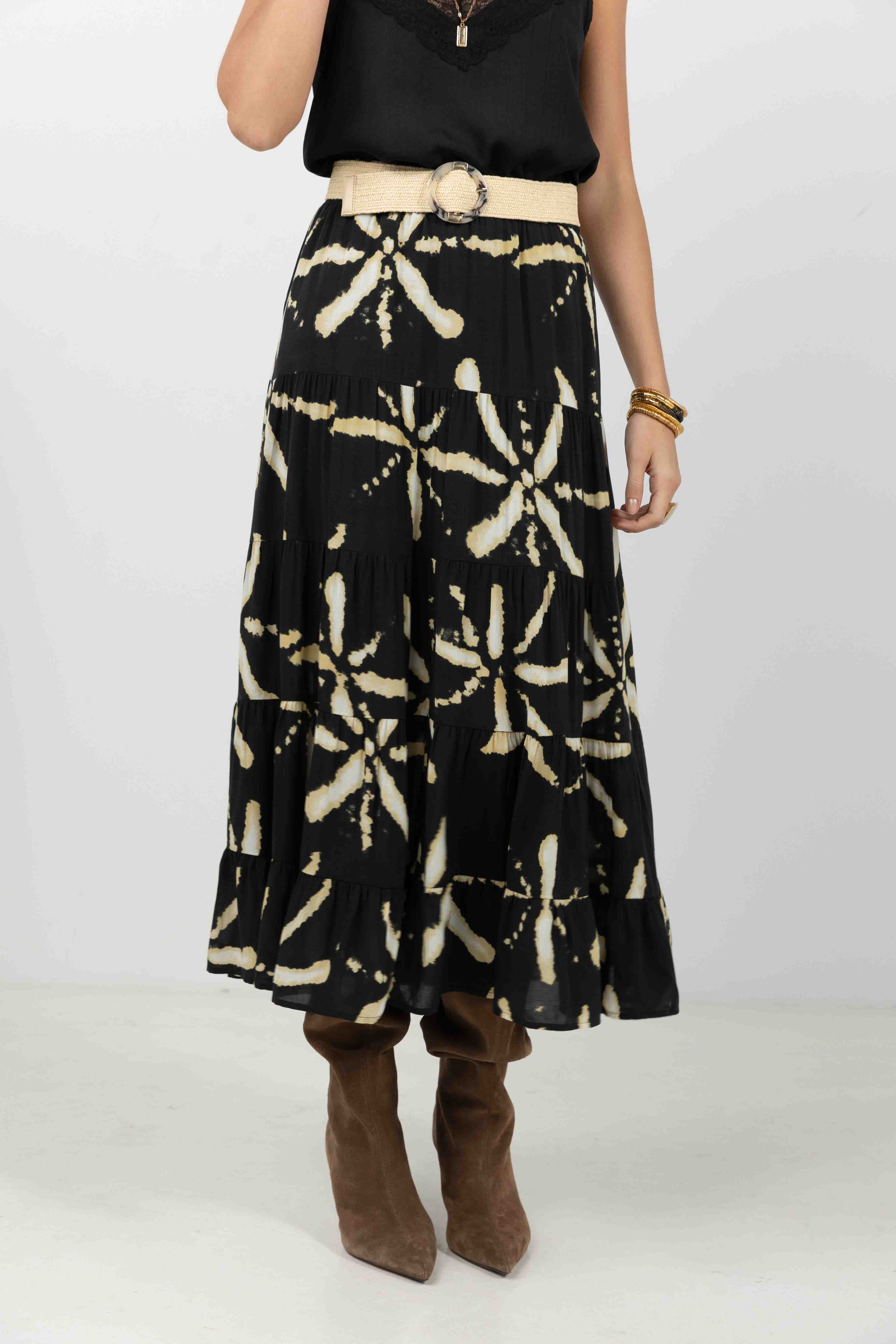Jupe longue imprimé noir et écru | Elora