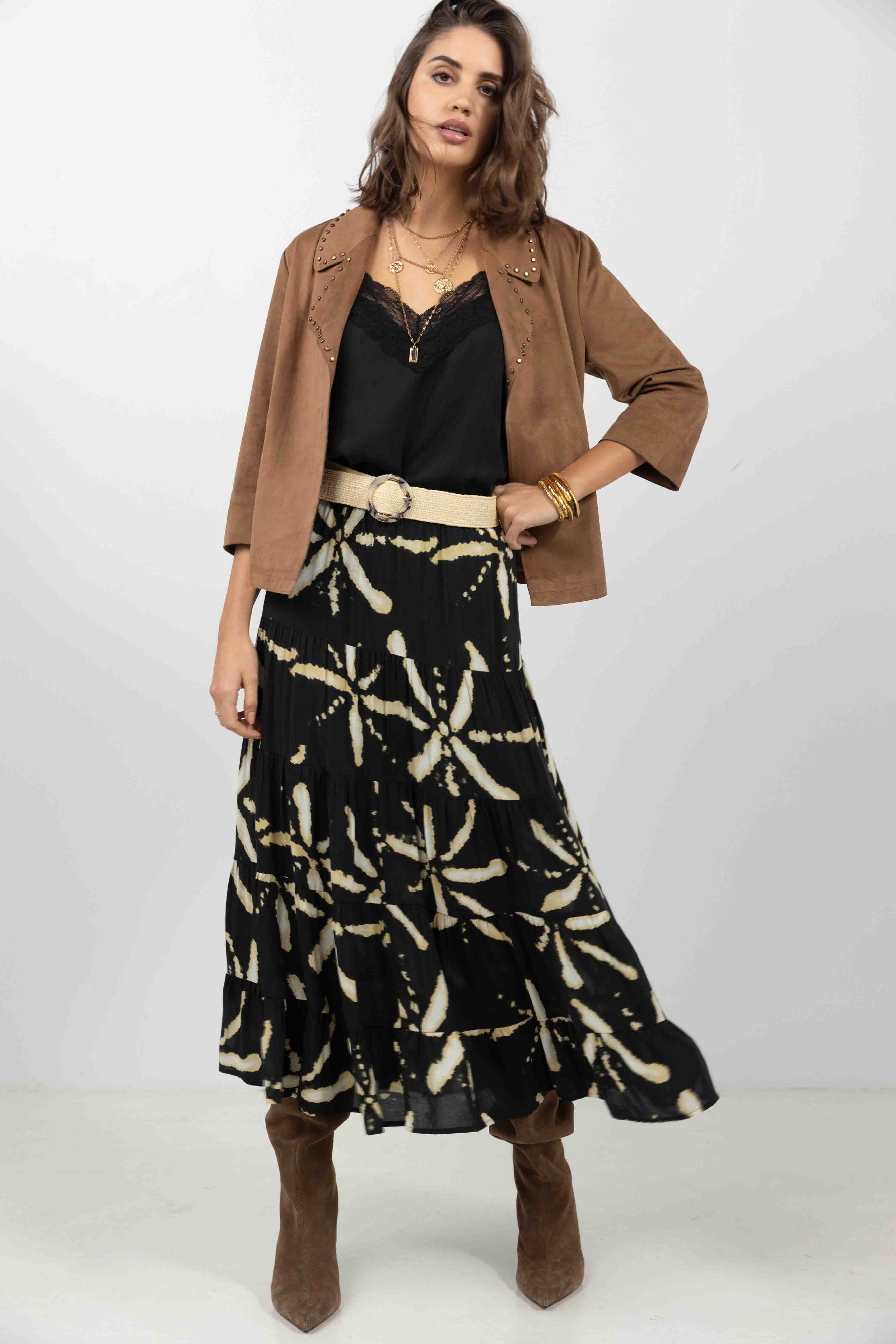 Jupe longue imprimé noir et écru | Elora