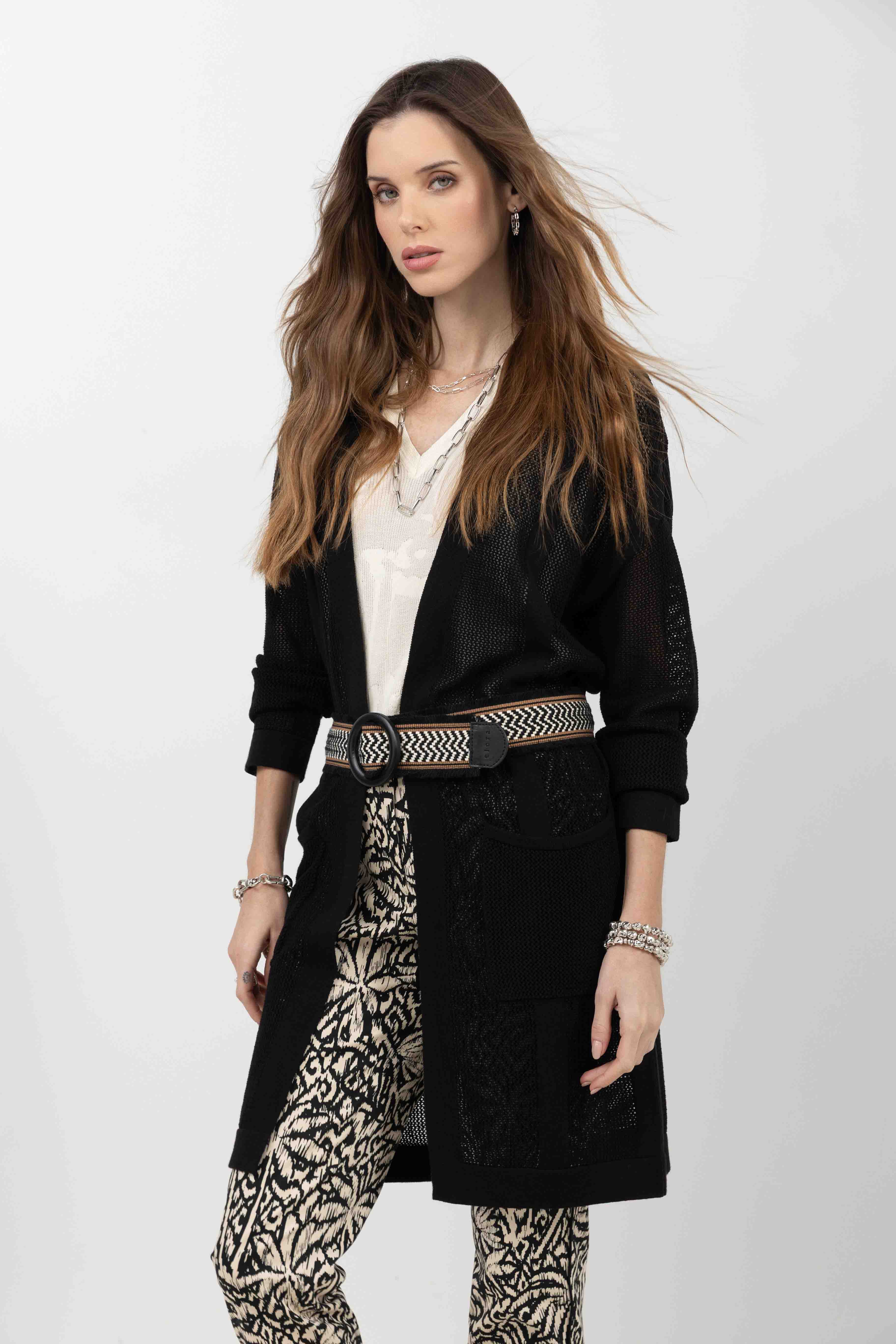 Gilet long noir maille filet gypsy | Elora