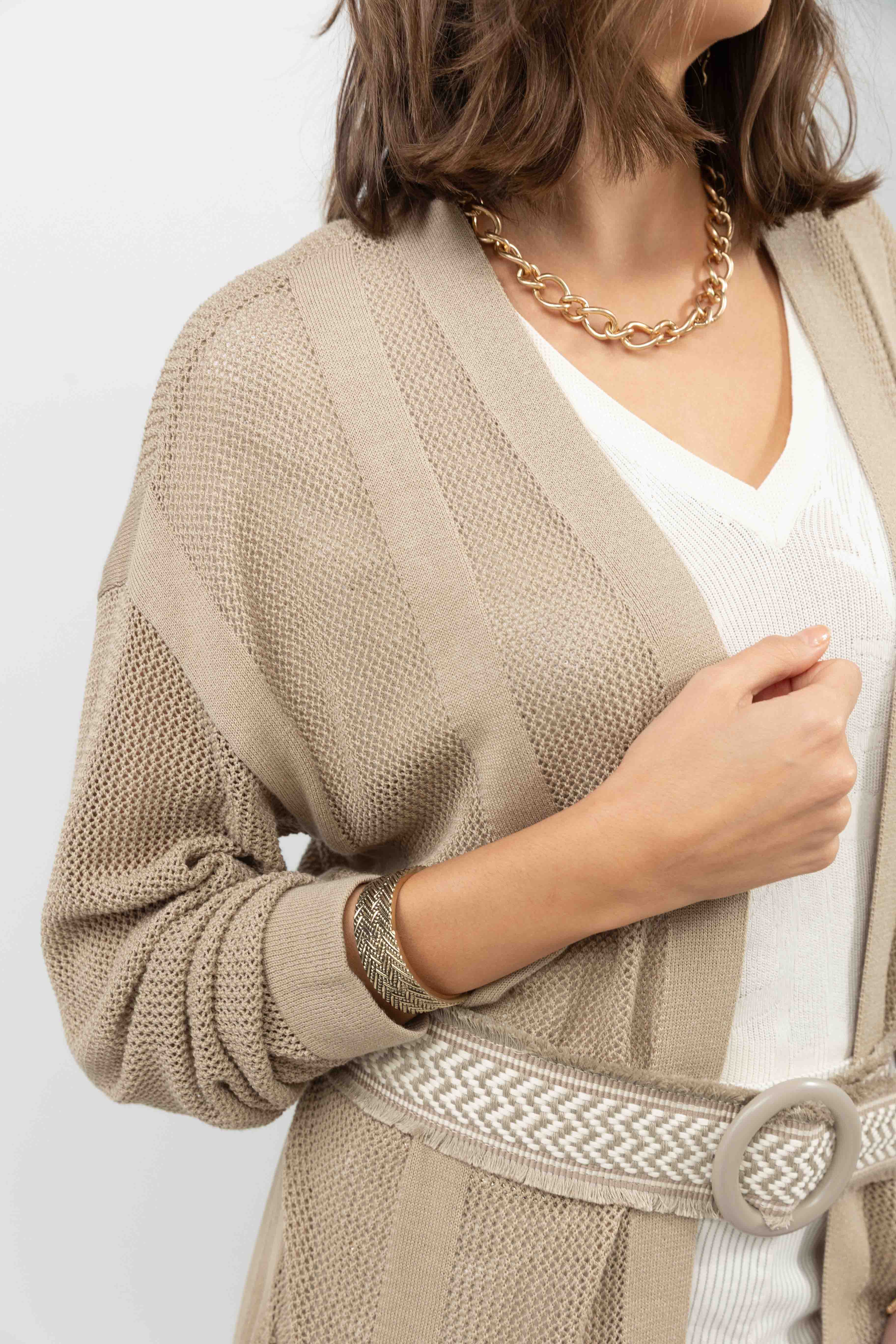 Gilet long taupe maille filet gipsy | Elora
