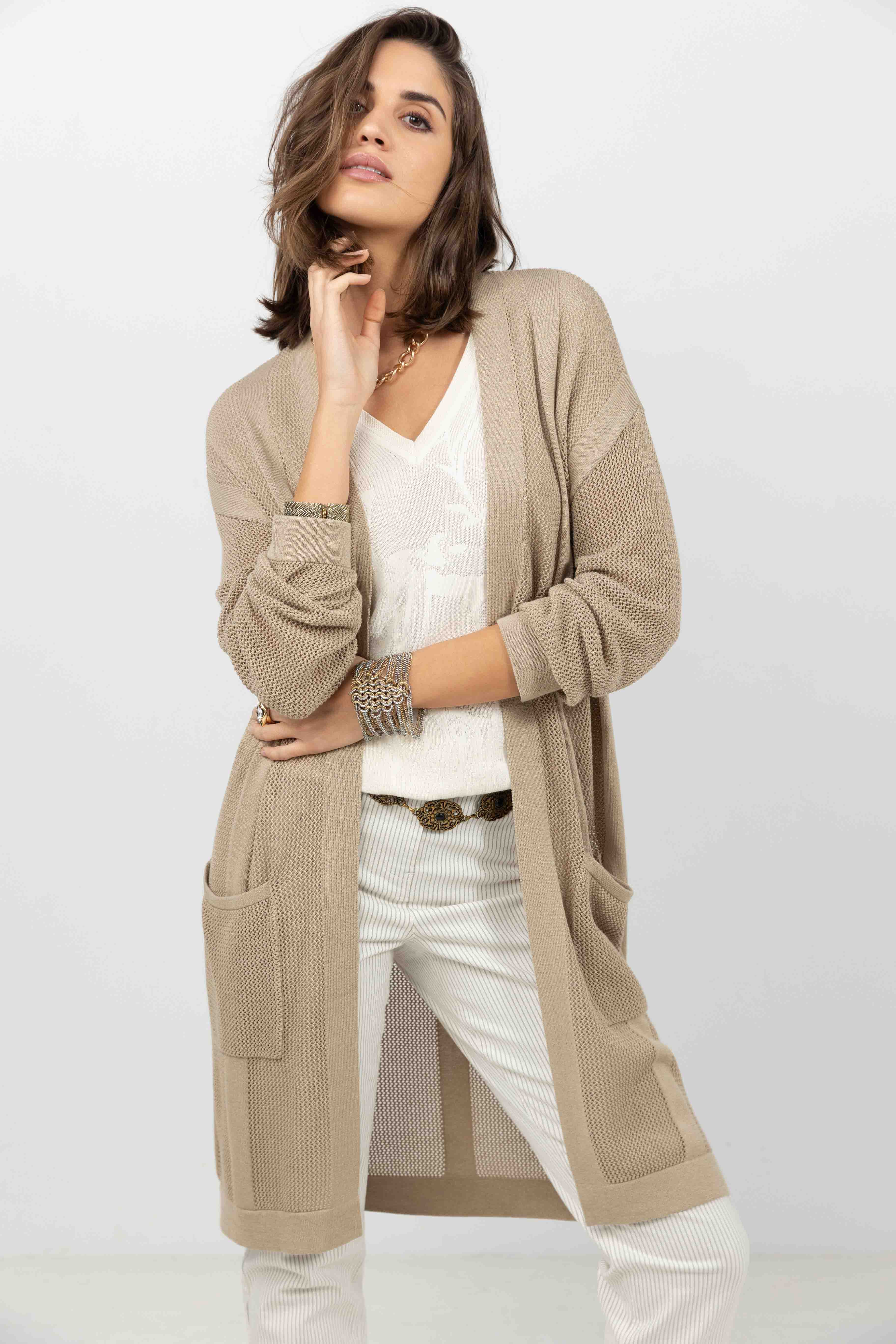 Gilet long taupe maille filet gipsy | Elora