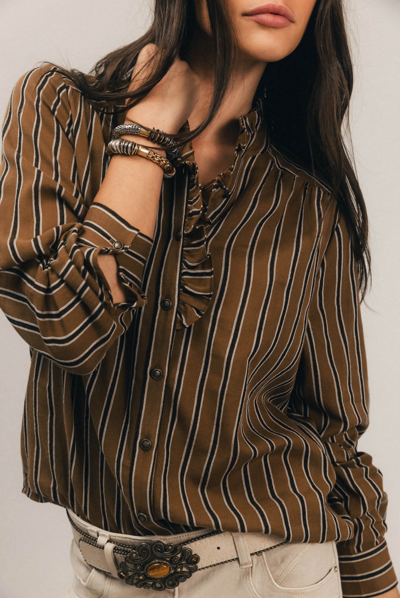 Blouse rayée caramel volantée | Elora