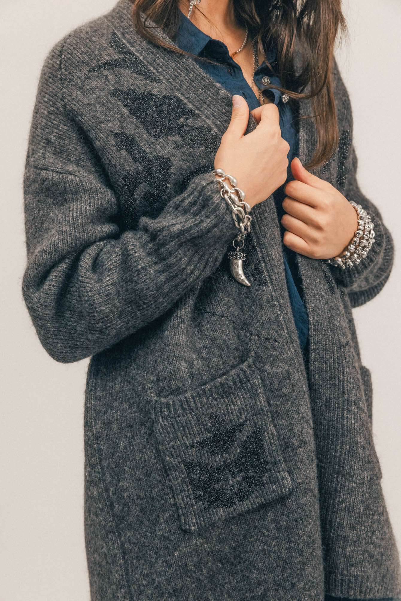 Gilet long gris chiné jacquard lurex | Elora