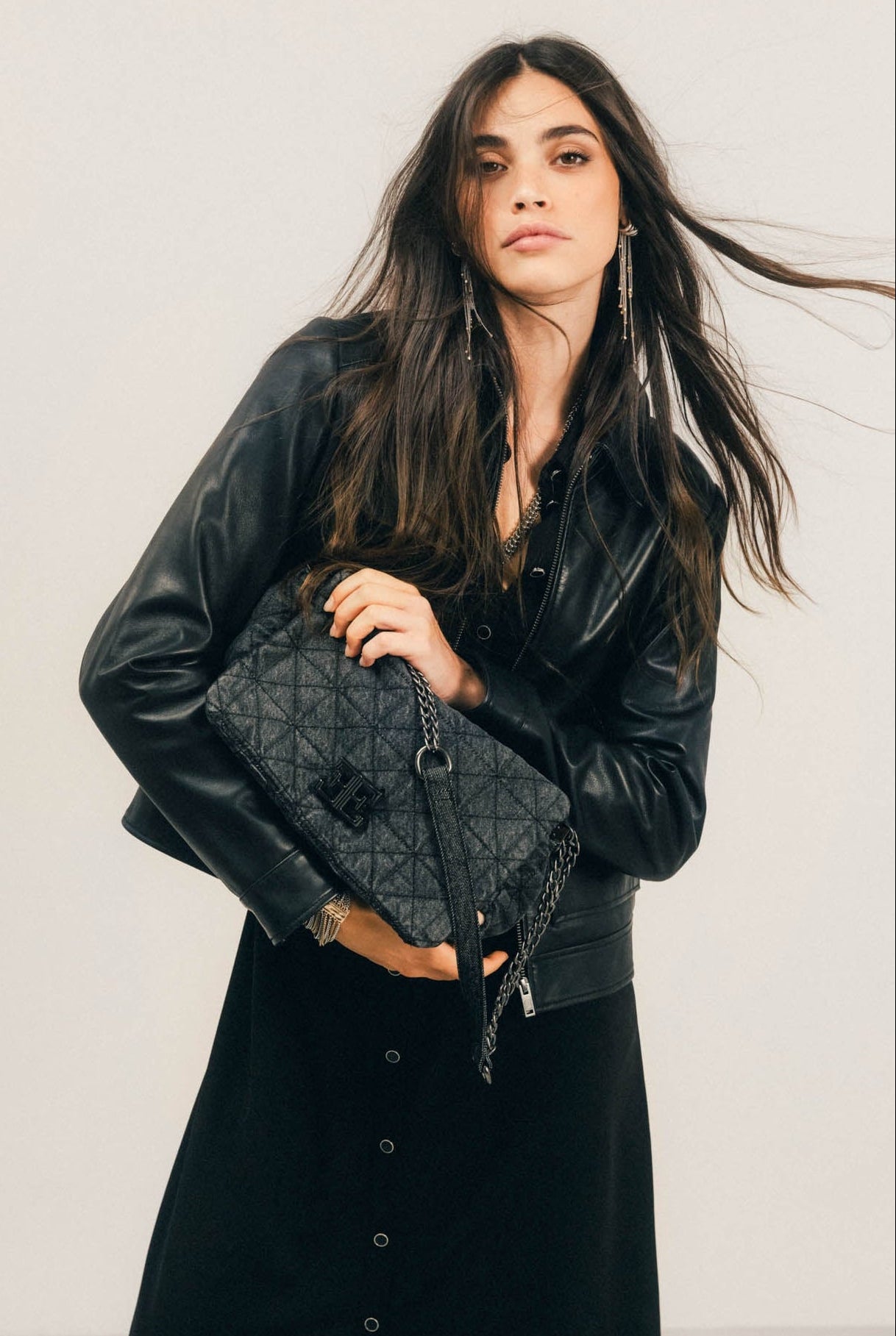Sac denim noir matelassé rock | Elora