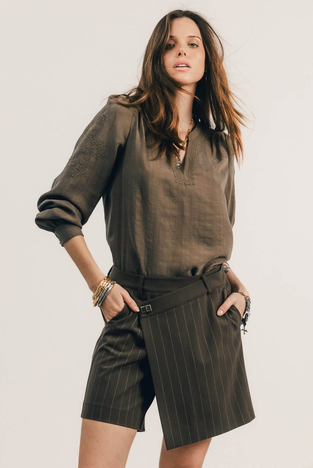 Blouse bronze jacquard brodée perlée | Elora