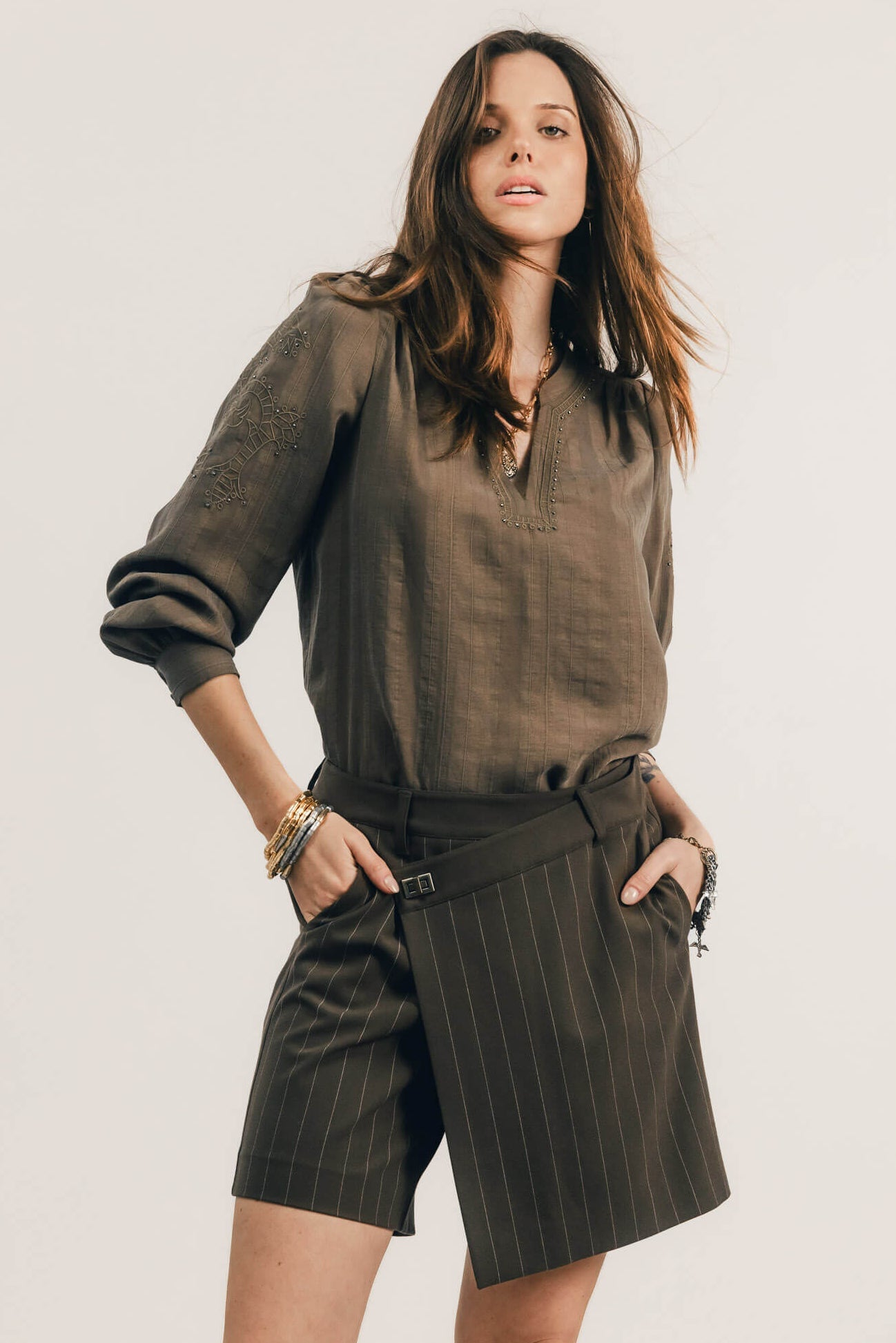 Blouse bronze jacquard brodée perlée | Elora