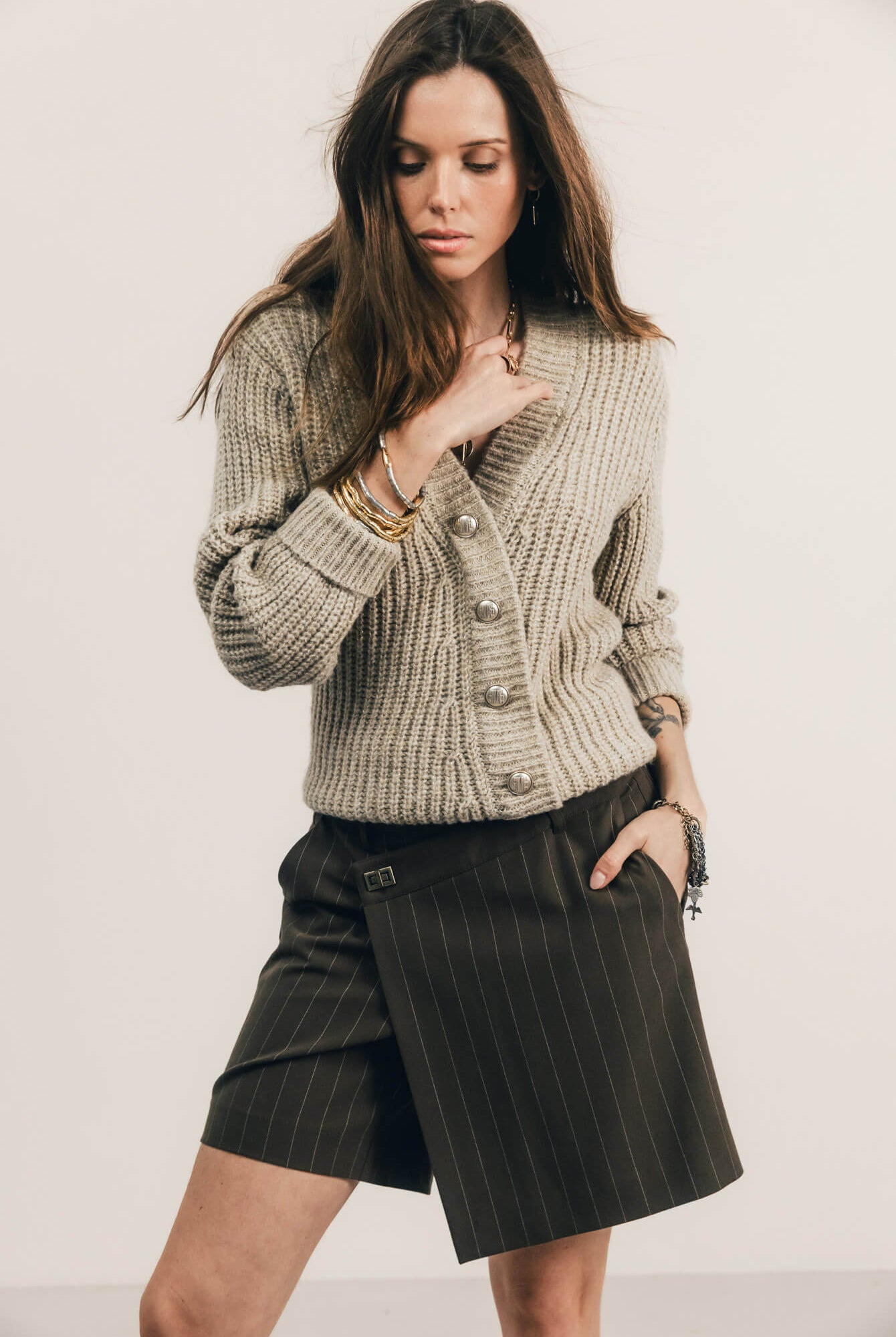 Pull beige cardigan côtelé lurex | Elora