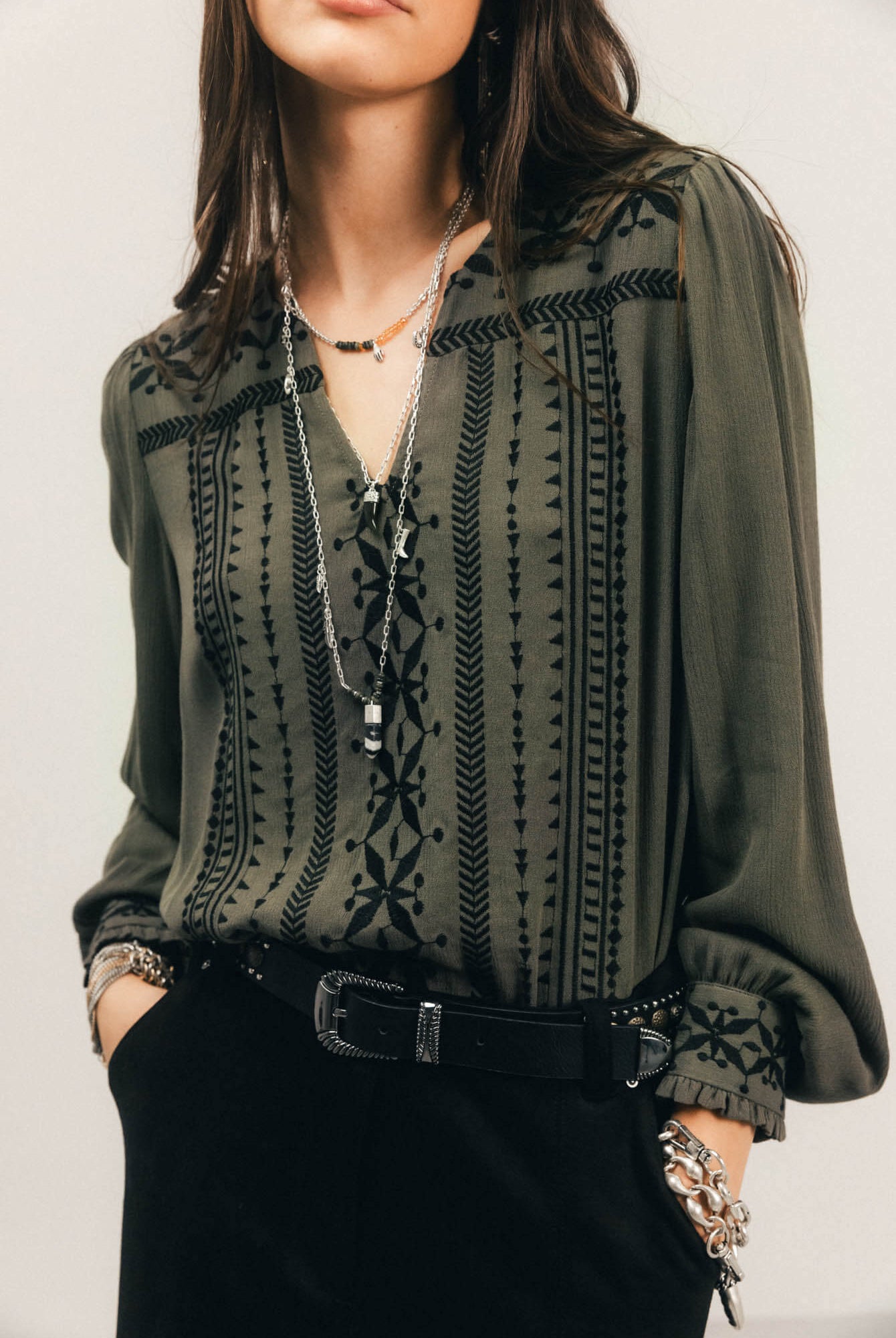 Blouse kaki bohème brodée | Elora