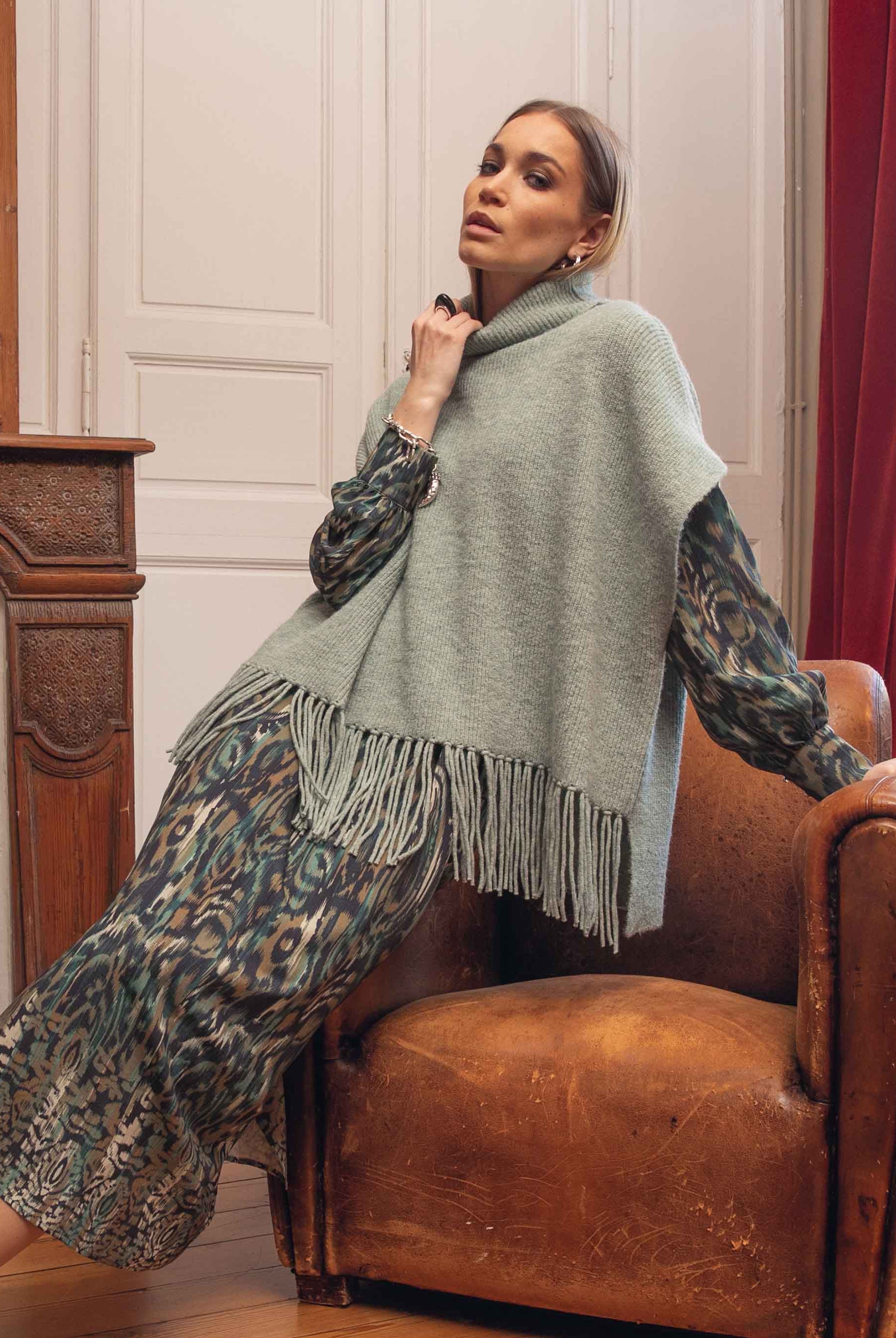 Robe longue imprimé Ikat bleu et kaki | Elora
