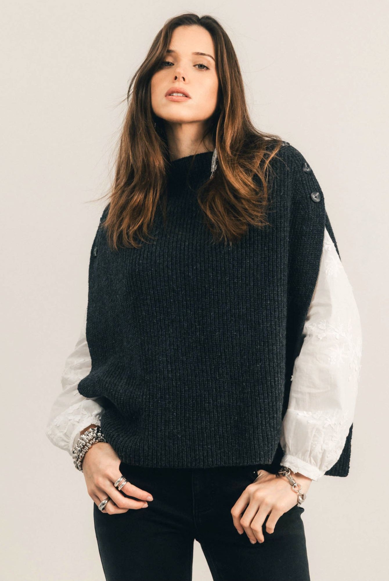 Poncho gris chiné côtelé | Elora