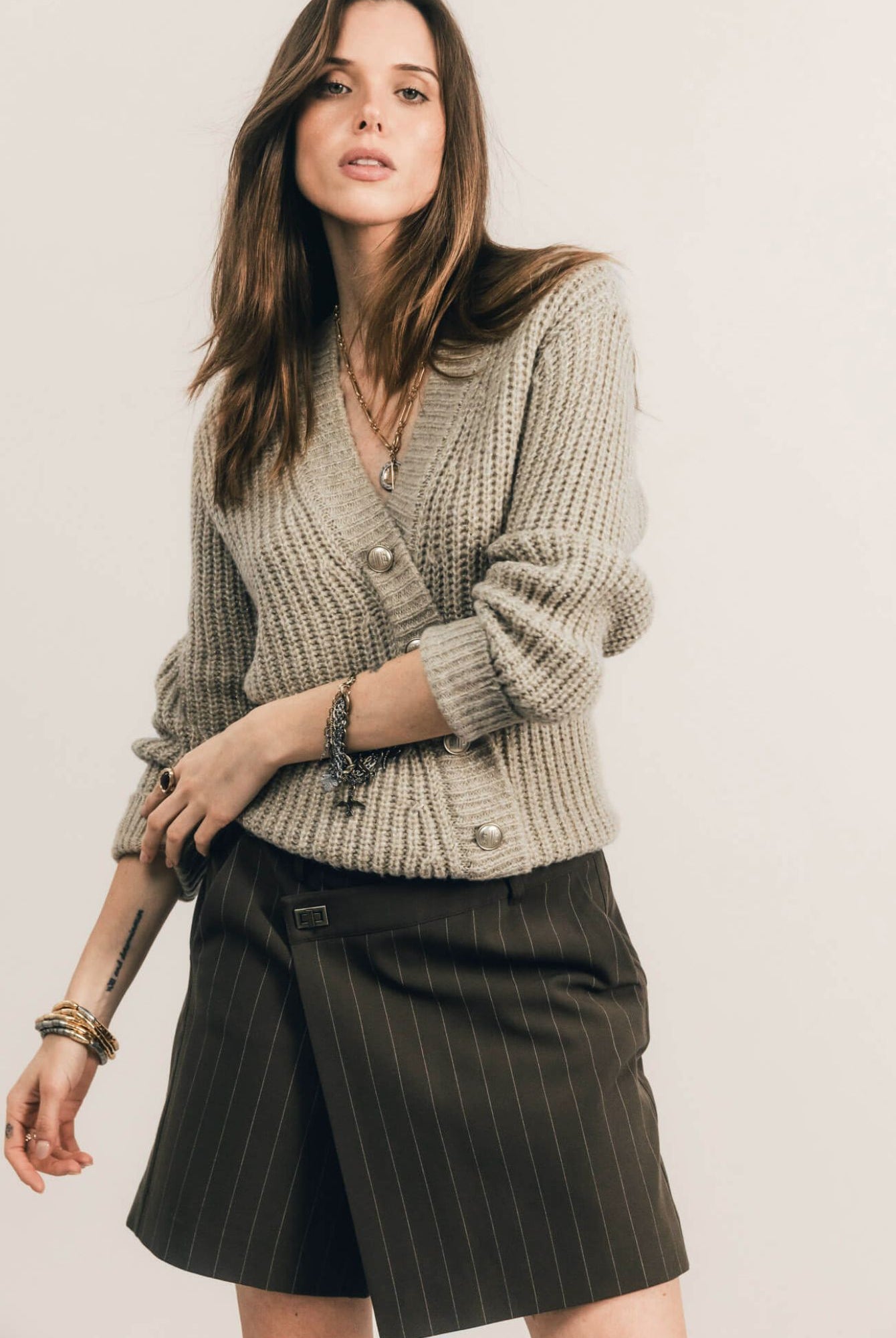 Pull beige cardigan côtelé lurex | Elora