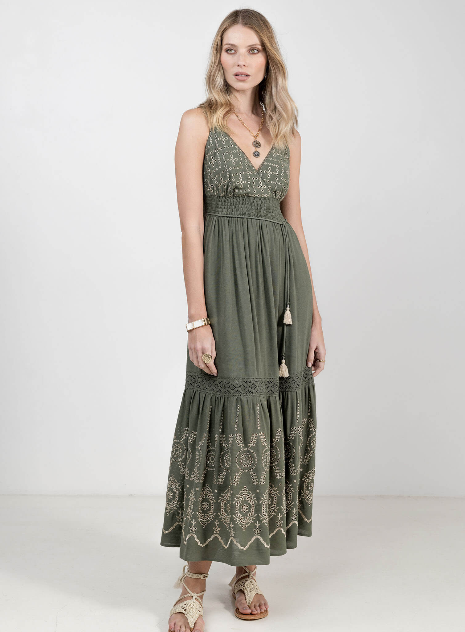 Robe longue kaki bohème broderie | Elora